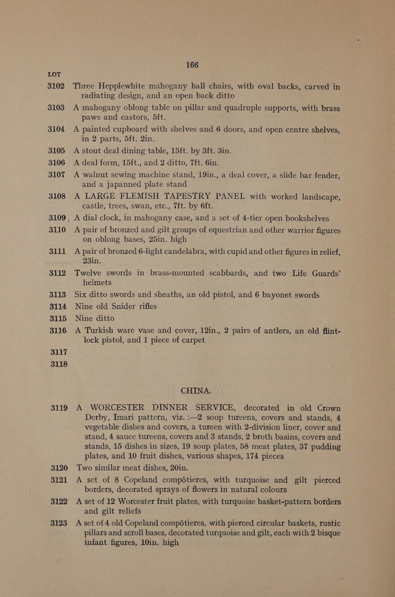 3102 3103 3104 3105 3106 3107 3108 3109 3110 3111 3112 3113 3114 3115 3116 3117 3118 3119 3120 3121 3122 3123 166 Three Hepplewhite mahogany hall chairs, with oval backs, carved in radiating design, and an open back ditto A mahogany oblong table on pillar and quadruple supports, with brass paws and castors, 5ft. A painted cupboard with shelves and 6 doors, and open centre shelves, in 2 parts, 5ft. 2in. A stout deal dining table, 15ft. by 3ft. 3in. A deal form, 15ft., and 2 ditto, 7ft. 6in. A walnut sewing machine stand, 19in., a deal cover, a slide bar fender, and a japanned plate stand A LARGE FLEMISH TAPESTRY PANEL with worked landscape, castle, trees, swan, etc., Tft. by 6ft. A dial clock, in mahogany case, and a set of 4-tier open bookshelves A pair of bronzed and gilt groups of equestrian and other warrior figures on oblong bases, 25in. high A pair of bronzed 6-light candelabra, with cupid and other figures in relief, 23in. . Twelve swords in brass-mounted scabbards, and two Life Guards’ helmets Six ditto swords and sheaths, an old pistol, and 6 bayonet swords Nine old Snider rifles Nine ditto A Turkish ware vase and cover, 12in., 2 pairs of antlers, an old flint- lock pistol, and 1 piece of carpet CHINA. A WORCESTER DINNER SERVICE, decorated in old Crown Derby, Imari pattern, viz. :—2 soup tureens, covers and stands, 4 vegetable dishes and covers, a tureen with 2-division liner, cover and stand, 4 sauce tureens, covers and 3 stands, 2 broth basins, covers and stands, 15 dishes in sizes, 19 soup plates, 58 meat plates, 37 pudding plates, and 10 fruit dishes, various shapes, 174 pieces Two similar meat dishes, 20in. A set of 8 Copeland compétieres, with turquoise and gilt pierced borders, decorated sprays of flowers in natural colours A set of 12 Worcester fruit plates, with turquoise basket-pattern borders and gilt reliefs A set of 4 old Copeland compétieres, with pierced circular baskets, rustic pillars and scroll bases, decorated turquoise and gilt, each with 2 bisque infant figures, 10in. high