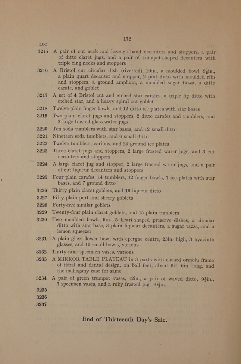 3215 3216 3217 3218 3219 3220 3221 3222 3223 3224 3225 3226 3227 3228 3229 3230 3231 3432 3233 3234 3235 3236 3237 172 A pair of cut neck and lozenge band decanters and stoppers, a pair of ditto claret jugs, and a pair of trumpet-shaped decanters with triple ring necks and stoppers A Bristol cut circular dish (rivetted), 10in., a moulded bowl, 9tin., a plain quart decanter and stopper, 2 pint ditto with moulded ribs and stoppers, a ground amphora, a moulded sugar tazza, a ditto carafe, and goblet A set of 4 Bristol cut and etched star carafes, a triple lip ditto with etched star, and a heavy spiral cut goblet Twelve plain finger bowls, and 12 ditto ice plates with star bases Two plain claret jugs and stoppers, 2 ditto carafes and tumblers, and 2 large frosted glass water jugs Ten soda tumblers with star bases, and 12 small ditto Nineteen soda tumblers, and 6 small ditto Twelve tumblers, various, and 24 ground ice plates Three claret jugs and stoppers, 2 large frosted water jugs, and 3 cut decanters and stoppers A large claret jug and stopper, 2 large frosted water jugs, and a pair of cut liqueur decanters and stoppers Four plain carafes, 14 tumblers, 12 finger bowls, 7 ice plates with star bases, and 7 ground ditto’ Thirty plain claret goblets, and 16 liqueur ditto Fifty plain port and sherry goblets Forty-five similar goblets Twenty-four plain claret goblets, and 15 plain tumblers Two moulded bowls, 9in., 5 heart-shaped preserve dishes, a circular ditto with star base, 3 plain liqueur decanters, a sugar tazza, and a lemon squeezer A plain glass flower bowl with epergne centre, 23in. high, 3 hyacinth glasses, and 15 small bowls, various Thirty-nine specimen vases, various A MIRROR TABLE PLATEAU in 8 parts with chased ormolu frame of floral and dental design, on ball feet, about 6ft. 6in. long, and the mahogany case for same A pair of green trumpet vases, 12in., a pair of waved ditto, 94in., 7 specimen vases, and a ruby frosted jug, 104in. End of Thirteenth Day’s Sale.