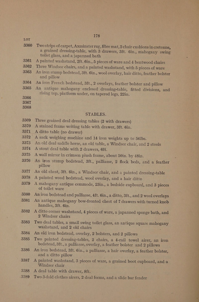 3360 3361 3362 3363 3364 3365 3366 3367 3368 3369 3370 3371 3302 3373 3074 3375 3376 33TT 3378 3379 3380 3381 3382 3383 3384 3385 3386 3387 3388 -3389 178 Two strips of carpet, Axminsterrug, fibre mat, 2 chair cushions in cretonne, a grained dressing-table, with 3 drawers, 3ft. 6in., mahogany swing toilet glass, and a japanned bath A painted washstand, 2ft. 6in., 5 pieces of ware and 4 bentwood chairs Three Windsor chairs, and a painted washstand, with 5 pieces of ware An iron stump bedstead, 3ft. 6in., wool overlay, hair ditto, feather bolster and pillow An iron French bedstead, 3ft., 2 overlays, feather bolster and pillow An antique mahogany enclosed dressing-table, fitted divisions, and rising top, platform under, on tapered legs, 22in. STABLES. Three grained deal dressing tables (2 with drawers) A stained frame writing table with drawer, 3ft. 6in. A ditto table (no drawer) A sack weighing machine and 14 iron weights up to 56lbs. An old deal saddle horse, an old table, a Windsor chair, and 2 stools A stout deal table with 2 drawers, 6ft. A wall mirror in crimson plush frame, about 50in. by 48in. An iron stump bedstead, 3ft., palliasse, 2 flock beds, and a feather pillow An old chest, 3ft. 6in., a Windsor chair, and a painted dressing-table A painted wood bedstead, wool overlay, and a hair ditto A mahogany antique commode, 23in., a bedside cupboard, and 3 pieces of toilet ware An iron bedstead and palliasse, 4ft. 6in., a ditto, 3ft., and 2 wool overlays An antique mahogany bow-fronted chest of 7 drawers with turned knob handles, 3ft. 6in. A ditto corner washstand, 4 pieces of ware, a japanned sponge bath, and 2 Windsor chairs Two deal tables, a small swing toilet glass, an antique square mahogany washstand, and 2 old chairs An old iron bedstead, overlay, 2 bolsters, and 2 pillows Two painted dressing-tables, 2 chairs, a 4-rail towel airer, an iron bedstead, 3ft., a palliasse, overlay, a feather bolster and 2 pillows An iron bedstead, 3ft. 6in., a palliasse, a hair overlay, a feather bolster, and a ditto pillow A painted washstand, 3 pieces of ware, a grained boot cupboard, and a Windsor chair A deal table with drawer, 8ft. Two 3-fold clothes airers, 2 deal forms, and a slide bar fender