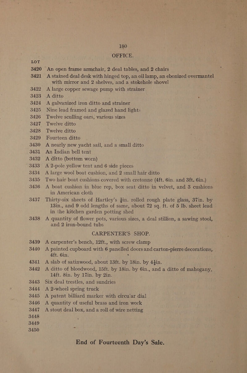 3420 3421 3422 3423 3424 3425 3426 3427 3428 3429 3430 3431 3432 3433 3434 3435 3436 3437 3438 3439 3440 4341 3442 3443 3444 3445 3446 3447 3448 3449 3450 180 OFFICE. A stained deal desk with hinged top, an oil lamp, an ebonized overmantel with mirror and 2 shelves, and a stokehole shovel A large copper sewage pump with strainer A ditto : A galvanized iron ditto and strainer Nine lead framed and glazed hand lights Twelve sculling oars, various sizes Twelve ditto Twelve ditto Fourteen ditto A nearly new yacht sail, and a small ditto An Indian bell tent A ditto (bottom worn) A 2-pole yellow tent and 6 side pieces A large wool boat cushion, and 2 small hair ditto Two hair boat cushions covered with cretonne (4ft. 6in. and 3ft. 6in.) A boat cushion in blue rep, box seat ditto in velvet, and 3 cushions in American cloth rs Thirty-six sheets of Hartley’s Hin. rolled rough plate glass, 37in. by 13in., and 9 odd lengths of same, about 72 sq. ft. of 5 Ib. sheet lead in the kitchen garden potting shed A quantity of flower pots, various sizes, a deal stillion, a sawing stool, and 2 iron-bound tubs CARPENTER’S SHOP. A carpenter’s bench, 12ft., with screw clamp A painted cupboard with 6 panelled doors and carton-pierre decorations, 4ft. 6in. : A slab of satinwood, about 13ft. by 18in. by 44in. A ditto of bloodwood, 15ft. by 18in. by 6in., and a ditto of mahogany, 14ft. 8in. by 17in. by 2in. Six deal trestles, and: sundries A 2-wheel spring truck A patent billiard marker with circular dial A quantity of useful brass and iron work A stout deal box, and a roll of wire netting End of Fourteenth Day’s Sale.