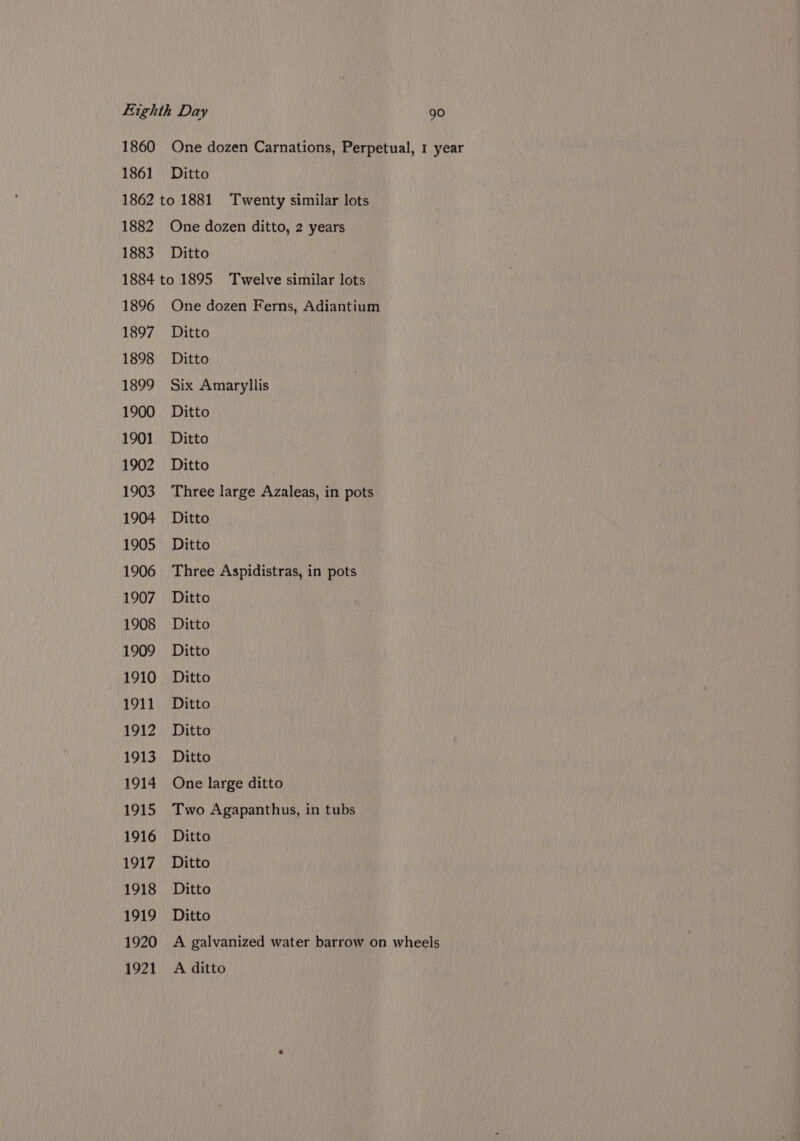 1860 One dozen Carnations, Perpetual, 1 year 1861 Ditto 1862 to 1881 Twenty similar lots 1882 One dozen ditto, 2 years 1883 Ditto 1884 to 1895 Twelve similar lots 1896 One dozen Ferns, Adiantium 1897 Ditto 1898 Ditto 1899 Six Amaryllis 1900 Ditto 1901 Ditto 1902 Ditto 1903 Three large Azaleas, in pots 1904 Ditto 1905 Ditto 1906 Three Aspidistras, in pots 1907 Ditto 1908 Ditto 1909 Ditto 1910 Ditto 1911 Ditto 1912 Ditto 1913 Ditto 1914 One large ditto 1915 Two Agapanthus, in tubs 1916 Ditto 1917 Ditto 1918 Ditto 1919 Ditto 1920 A galvanized water barrow on wheels