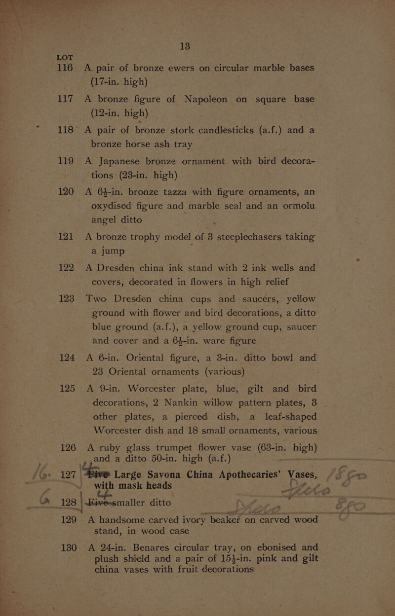 132 LOT 116 A pair of bronze ewers on circular marble bases (17-in. high) (12-in. high) 118° A pair of bronze stork candlesticks (a.f.) and a bronze horse ash tray 119 A Japanese bronze ornament with bird decora- tions (23-in. high) 120 A 64-in. bronze tazza with figure ornaments, an oxydised figure and marble seal and an ormolu angel ditto : 121 A bronze trophy model of 3 steeplechasers taking a jump ag 122 A Dresden china ink stand with 2 ink wells and covers, decorated in flowers in high relief ground with flower and bird decorations, a ditto blue ground (a.f.), a yellow ground cup, saucer and cover and a 64-in. ware figure 124 A 6-in. Oriental figure, a 3-in. ditto bowl and 283 Oriental ornaments (various) 125 A 9-in. Worcester plate, blue, gilt and ay decorations, 2 Nankin willow pattern plates, 3 other plates, a pierced dish, a _ leaf-shaped Worcester dish and 18 small ornaments, various and a ditto 50-in. high (a.f.) ~» i2 ie 127 |: Large Savona China Apothecaries’ Vases, i SG -. with mask heads Life Pn  er? Choe eh 128 | Bivexsmaller ditto M ea stand, in wood case 180 A 24-in. Benares circular tray, on ebonised and plush shield and a pair of 154-in. pink and gilt china vases with fruit decorations