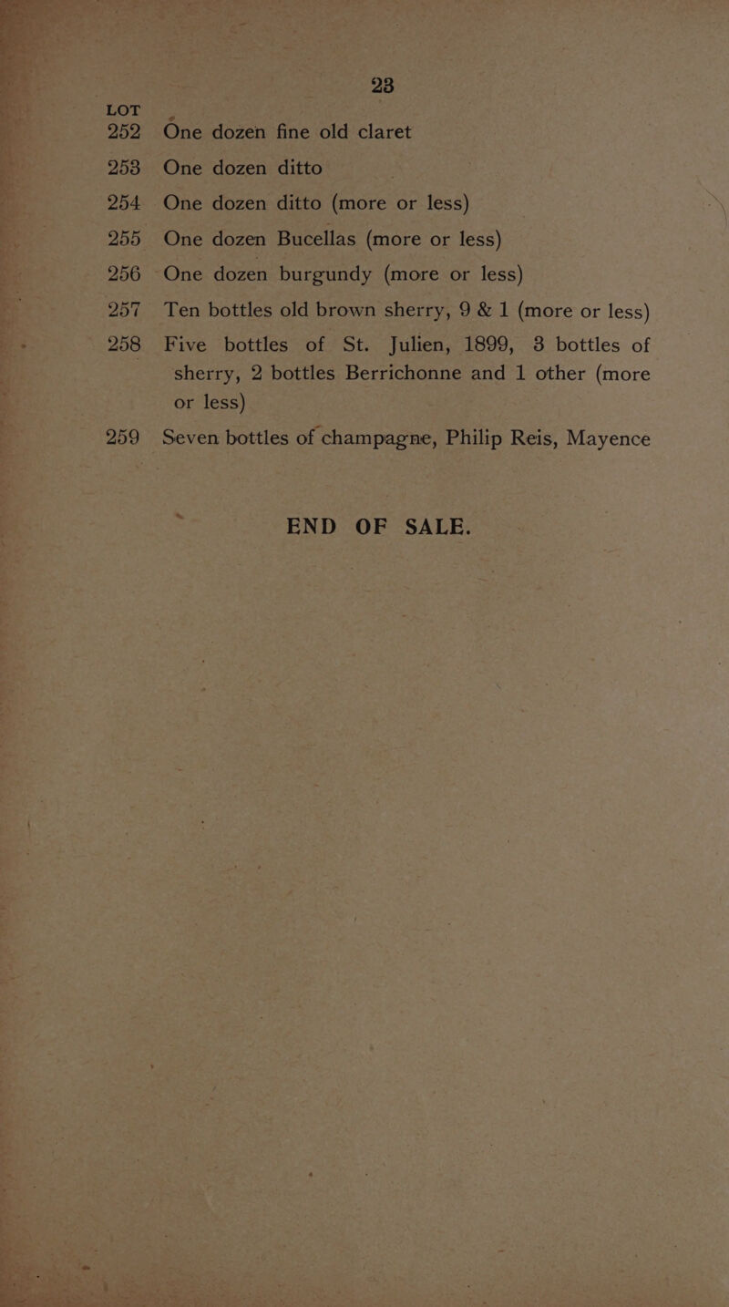 259 23 One dozen ditto Five bottles of St. Julien, 1899, 8 bottles of sherry, 2 bottles Berrichonne and 1 other (more or less) END OF SALE.