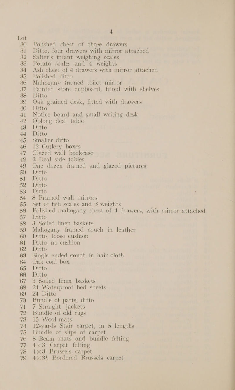 Polished chest of three drawers Ditto, four drawers with mirror attached Salter’s infant weighing scales Potato scales and 4 weights Ash chest of 4 drawers with mirror attached Pohtshed ditto Mahogany tramed toilet mirror Painted store cupboard, fitted with shelves Ditto Oak grained desk, fitted with drawers Ditto Notice board and small writing desk Oblong deal table | Ditto Ditto Smaller ditto 12 Cutlery boxes Glazed wall bookcase 2 Deal side tables One dozen framed and glazed pictures Ditto Ditto Ditto Ditto 8 Framed wall mirrors Set of fish scales and 3 weights Polished mahogany chest of 4 drawers, with mirror attached Ditto 3 Soiled linen baskets Mahogany framed couch in leather Ditto, loose cushion Ditto, no cushion Ditto Single ended couch in hair cloth Oak coal box Ditto Ditto 3 Soiled linen baskets 24 Waterproof bed sheets 24 Ditto Bundle of parts, ditto 7 Straight jackets Bundle of old rugs 15 Wool mats 12-yards Stair carpet, in 5 lengths Bundle of slips of carpet 5 Beam mats and bundle felting 4x3 Carpet felting 4x3 Brussels carpet 435 Bordered Brussels carpet