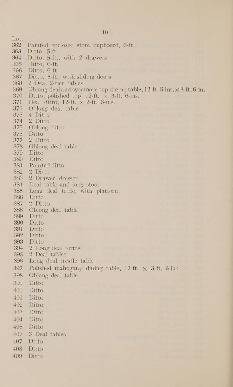 Lot. 362 Painted enclosed store cupboard, 6-ft. 363 Ditto, 5-ft. 364 Ditto, 5-ft., with 2 drawers 365 Ditto, 6-ft. 366 Ditto, 6-ft. 367 Ditto, 5-ft., with sliding doors 368 2 Deal 2-tier tables 369 Oblong dealand sycamore top dining table, 12-ft. 6-ins. x 3-{t. 6-in. 370 Ditto, polished top, 12-ft. x 3-ft. 6-ins. 371 Deal ditto, 12-ft.. x 2-ft. G-ins. 372 Oblong deal table 373 4 Ditto 374 2 Ditto 375 Oblong ditto 376 Ditto off 2 Ditto 378 Oblong deal table 379 Ditto 380 Ditto 381 Painted ditto as2 2 Ditto 383 2 Drawer dresser 384 Deal table and long stool 385 Long deal table, with platform 386 Ditto S87 62 Ditto 388 Oblong deal table 389 Ditto 390 Ditto 391 Ditto 392 Ditto 393 Ditto 394 2 Long deal forms 395 2 Deal tables 396 Long deal trestle table 397 Polished mahogany dining table, 12-ft. x 3-f{t. 6-ins. 398 Oblong deal table 399. Ditto 400 Ditto 401 Ditto 402 Ditto 403 Ditto 404 Ditto 405 Ditto 406 3 Deal tables 407 Ditto 408 Ditto 409 Ditto
