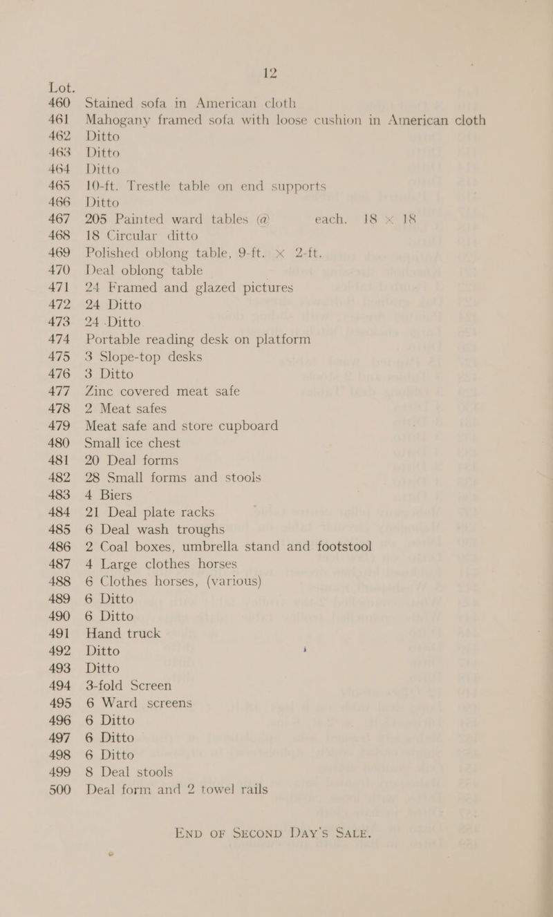 Lot. 460 Stained sofa in American cloth 461 Mahogany framed sofa with loose cushion in American cloth 462 Ditto 463 Ditto 464 Ditto 465 10-ft. Trestle table on end supports 466 Ditto 467 205 Painted ward tables @ each, 18 16 468 18 Circular ditto 469 Polished oblong table, 9-ft. x 2-ft. 470 Deal oblong table 471 24 Framed and glazed pictures 472 24 Ditto 473 24 .Ditto 474 Portable reading desk on platform 475 3 Slope-top desks 476 3 Ditto 477 Zinc covered meat safe 478 2 Meat safes 479 Meat safe and store cupboard 480 Small ice chest 481 20 Deal forms 482 28 Small forms and stools 483 4 Biers 484 21 Deal plate racks 485 6 Deal wash troughs 486 2 Coal boxes, umbrella stand and footstool 487 4 Large clothes horses 488 6 Clothes horses, (various) 489 6 Ditto 490 6 Ditto 491 Hand truck 492 Ditto b 493 Ditto 494 3-fold Screen 495 6 Ward screens 496 6 Ditto 497 6 Ditto 498 6 Ditto 499 8 Deal stools 500 Deal form and 2 towel rails END OF SECOND Day's SALE.