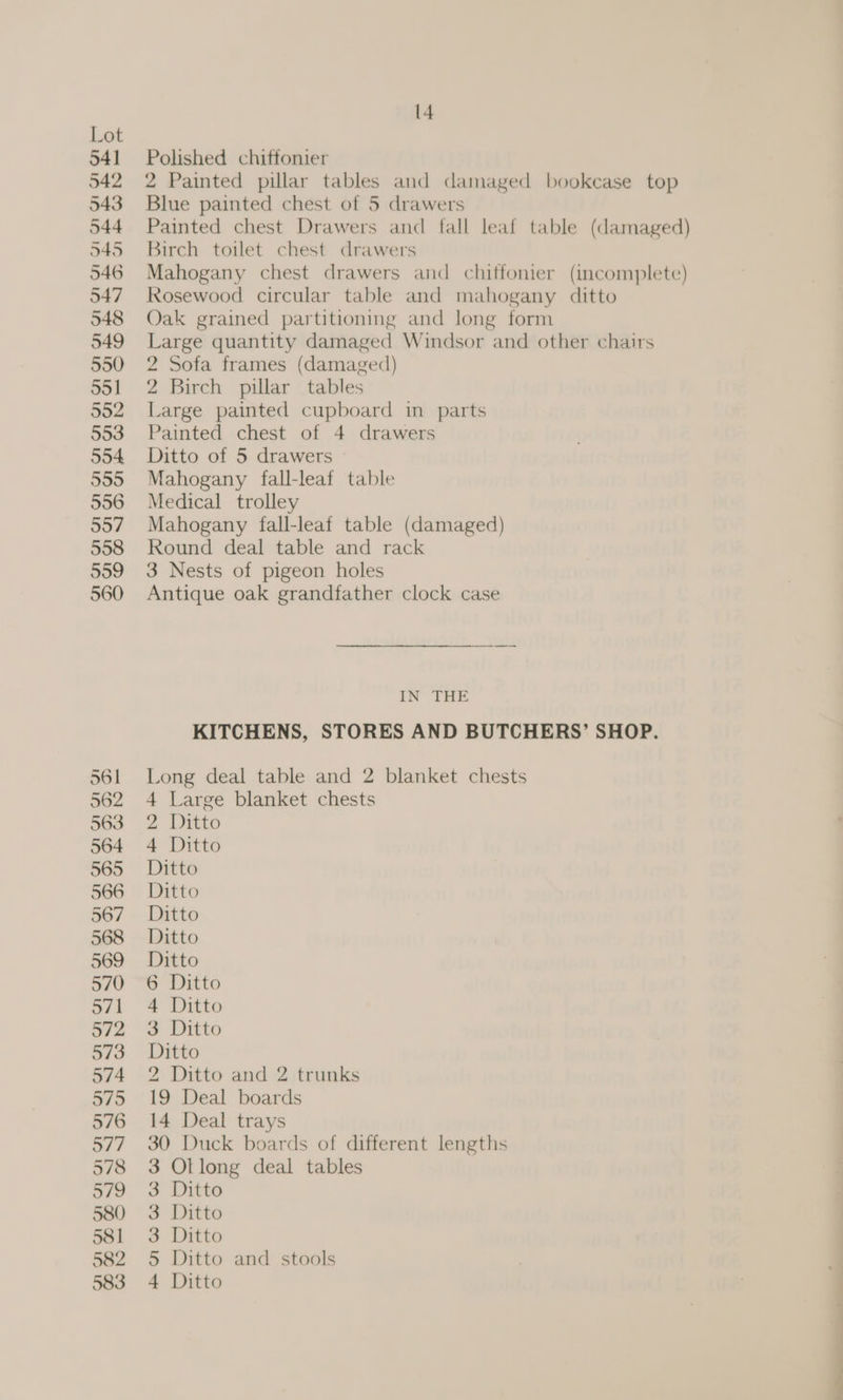 Polished chiffonier Blue painted chest of 5 drawers Birch toilet chest drawers Rosewood circular table and mahogany ditto Oak grained partitioning and long form Large quantity damaged Windsor and other chairs 2 Sofa frames (damaged) 2 Birch pillar tables Large painted cupboard in parts Painted chest of 4 drawers Ditto of 5 drawers | Mahogany fall-leaf table Medical trolley Mahogany fall-leaf table (damaged) Round deal table and rack 3 Nests of pigeon holes Antique oak grandfather clock case in” TEE KITCHENS, STORES AND BUTCHERS’ SHOP. Long deal table and 2 blanket chests 4 Large blanket chests 2 Lieto 4 Ditto Ditto Ditto Ditto Ditto Ditto 6 Ditto 4 Ditto 3 Ditto Ditto 2 Ditto and 2 trunks 19 Deal boards 14 Deal trays 30 Duck boards of different lengths 3 Otlong deal tables 3 Ditto 3 Ditto 3 Ditto 5 Ditto and stools