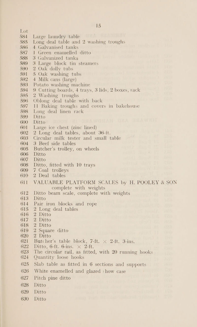 - 1S Large laundry table Long deal table and 2 washing troughs 4 Galvanised tanks 1 Green enamelled ditto 3 Galvanized tanks 3 Large block tin steamers 2 Oak dolly tubs 5 Oak washing tubs 4 Milk cans (large) Potato washing machine 9 Cutting boards, 4 trays, 3 lids, 2 boxes, rack 2 Washing troughs Oblong deal table with back 11 Baking troughs and covers in bakehouse Long deal linen rack Ditto Ditto Large ice chest (zinc lined) 2 Long deal tables, about 36-{t. Circular milk tester and small table 3 Beef side tables Butcher’s trolley, on wheels Ditto Ditto Ditto, fitted with 10 trays 7 Coal trolleys 2 Deal tables complete with weights Ditto beam scale, complete with weights Ditto Pair iron blocks and rope 2 Long deal tables 2 Ditto 2, Ditto 2 Ditto 2 Square ditto 2 Ditto Butcher s. table block, 7-ft. « 2-ft. 3-ins. Ditto, 6-ft. 6-ins. x 2-ft. The circular rail, as fitted, with 20 running hooks Quantity loose hooks Slab table as fitted in 6 sections and supports White enamelled and glazed <how case Pitch pine ditto Ditto Ditto