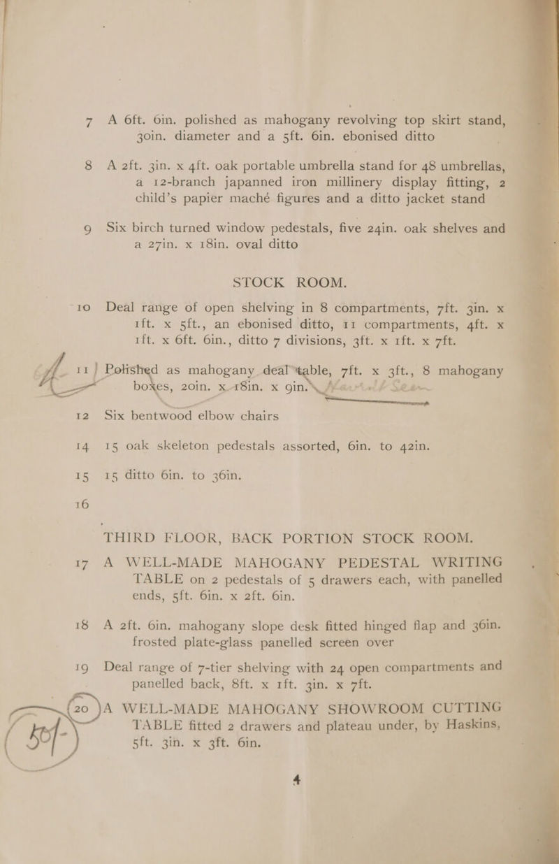 10 A 6ft. 6in. polished as mahogany revolving top skirt stand, 30in. diameter and a 5ft. 6in. ebonised ditto A aft. 3in. x 4ft. oak portable umbrella stand for 48 umbrellas, a 12-branch japanned iron millinery display fitting, 2 child’s papier maché figures and a ditto jacket stand Six birch turned window pedestals, five 24in. oak shelves and © a 27in. x 18in. oval ditto STOCK ROOM. Deal range of open shelving in 8 compartments, 7ft. 3in. x ift. x 5ft., an ebonised ditto, 11 compartments, 4ft. x it. x Oft. 6in., ditto 7 divisions, 4ft. x 3it. = ye, I2 14 15 16 17 18 a boxes, 20in. x -18in. x gin. \ /Macrind Seer Six bentwood elbow chairs 15 oak skeleton pedestals assorted, 6in. to 42in. 15 ditto 6in. to 36in. A WELL-MADE MAHOGANY PEDESTAL WRITING TABLE on 2 pedestals of 5 drawers each, with panelled ends, 5ft. 6in. x 2ft. 6in. A aft. 6in. mahogany slope desk fitted hinged flap and 36in. frosted plate-glass panelled screen over Deal range of 7-tier shelving with 24 open compartments and panelled back, 8ft. x rft. 3in. x 7ft. A WELL-MADE MAHOGANY SHOWROOM CUTTING TABLE fitted 2 drawers and plateau under, by Haskins, Sit. 3im. <x <The