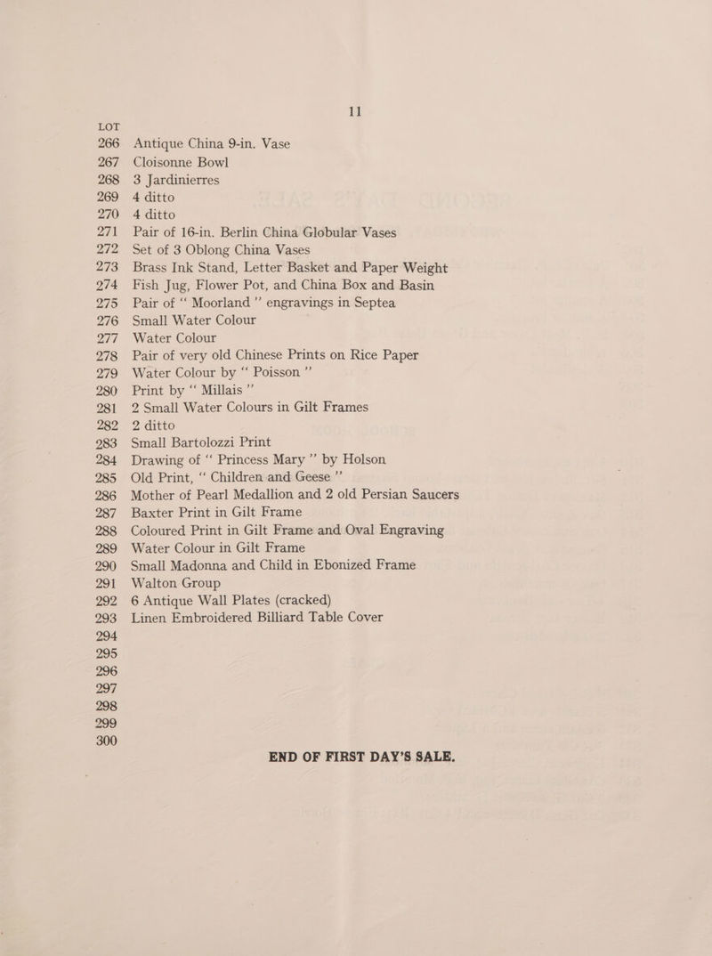 LOT 266 Antique China 9-in. Vase 267 Cloisonne Bowl 268 3 Jardinierres 269 4 ditto 270 4 ditto 271 Pair of 16-in. Berlin China Globular Vases 272 Set of 3 Oblong China Vases 273 Brass Ink Stand, Letter Basket and Paper Weight 274 Fish Jug, Flower Pot, and China Box and Basin 275 Pair of ‘‘ Moorland’ engravings in Septea 276 Small Water Colour 277 Water Colour 278 Pair of very old Chinese Prints on Rice Paper 279 Water Colour by “ Poisson ”’ 280 Print by “ Millais ”’ 281 2 Small Water Colours in Gilt Frames 282 2 ditto 2983 Small Bartolozzi Print 284 Drawing of “ Princess Mary ”’ by Holson 285 Old Print, ‘‘ Children and Geese ”’ 286 Mother of Pearl Medallion and 2 old Persian Saucers 287 Baxter Print in Gilt Frame 288 Coloured Print in Gilt Frame and Oval Engraving 289 Water Colour in Gilt Frame 290 Small Madonna and Child in Ebonized Frame 291 Walton Group 292 6 Antique Wall Plates (cracked) 293 Linen Embroidered Billiard Table Cover 294 295 296 297 298 299 300 END OF FIRST DAY’S SALE.