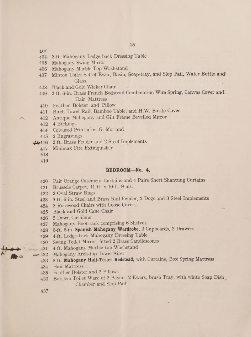3-ft. Mahogany Ledge back Dressing Table Mahogany Swing Mirror Mahogany Marble Top Washstand Minton Toilet Set of Ewer, Basin, Soap-tray, and Slop Pail, Water Bottle and' Glass | Black and Gold Wicker Chair 2-ft. 6-in. Brass French Bedstead Combination Wire Spring, Canvas Cover and. Hair Mattress Feather Bolster and Pillow Birch Towel Rail, Bamboo Table, and H.W. Bottle Cover Antique Mahogany and Gilt Frame Bevelled Mirror 4 Etchings Coloured Print after G. Morland 2 Engravings 2-{t. Brass Fender and 2 Steel Implements Minimax Fire Extinguisher —— BEDROOM—No., 4. Pair Orange Casement Curtains and 4 Pairs Short Shantung Curtains Brussels Carpet, 11 ft. x 10 ft. 9 ins. 2 Oval Straw Rugs 3 ft. 6 in. Steel and Brass Rail Fender, 2 Dogs and 3 Steel Implements 2 Rosewood Chairs with Loose Covers Black and Gold Cane Chair 2 Down Cushions Mahogany Boot-rack comprising 6 Shelves 6-ft. 6-in. Spanish Mahogany Wardrobe, 2 Cupboards, 2 Drawers 4-ft. Ledge-back Mahogany Dressing Table Swing Toilet Mirror, fitted 2 Brass Candlescones 4-ft. Mahogany Marble-top Washstand Mahogany Arch-top Towel Airer 5-{t. Mahogany Half-Tester Bedstead, with Curtains, Box Spring Mattress Hair Mattress..... Feather Bolster and 2 Pillows Burslem Toilet Ware of 2 Basins, 2 Ewers, brush Tray, with white Soap Dish, Chamber and Slop Pail