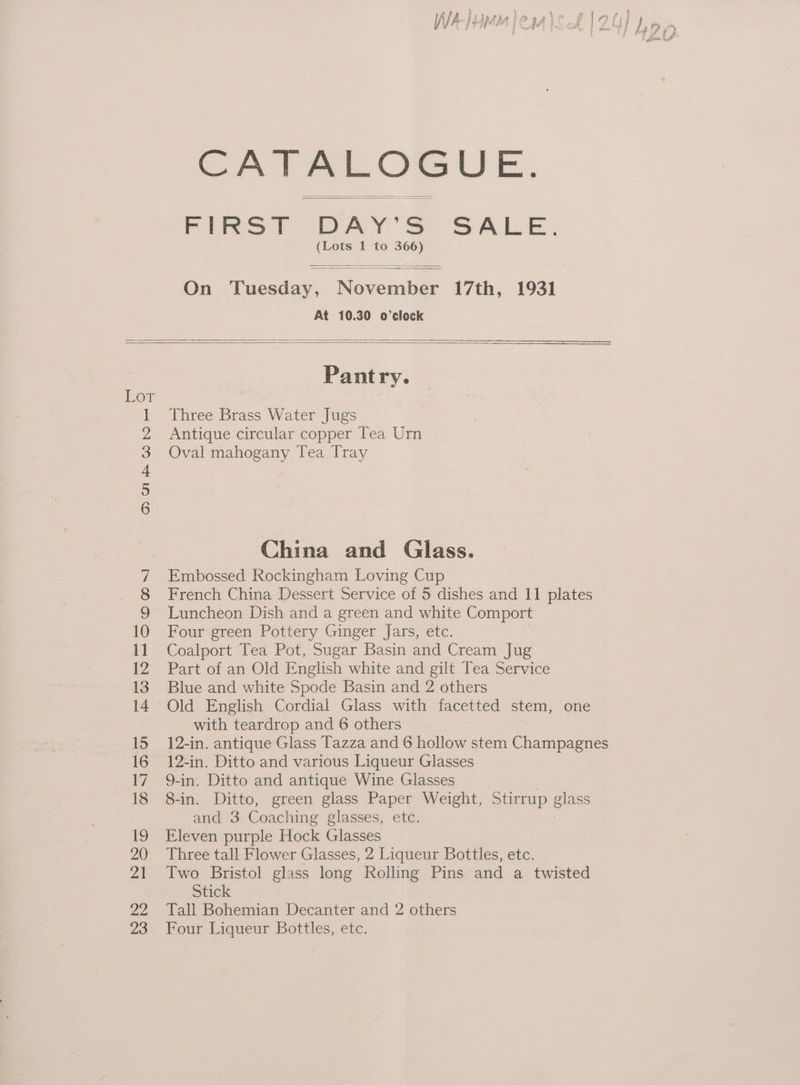 CATALOGUE. FIRST DAY’ S SALE. (Lots 1 to 366) On Tuesday, November 17th, 1931 At 10.30 o’clock Pantry. Three Brass Water Jugs Antique circular copper Tea Urn Oval mahogany Tea Tray China and Glass. Embossed Rockingham Loving Cup French China Dessert Service of 5 dishes and 11 plates Luncheon Dish and a green and white Comport Four green Pottery Ginger Jars, etc. Coalport Tea Pot, Sugar Basin and Cream Jug Part of an Old English white and gilt Tea Service Blue and white Spode Basin and 2 others with teardrop and 6 others 12-in. Ditto and various Liqueur Glasses 9-in. Ditto and antique Wine Glasses 8-in. Ditto, green glass Paper Weight, Stirrup a and 3 Coaching glasses, etc. Eleven purple Hock Glasses Three tall Flower Glasses, 2 Liqueur Bottles, etc. Two Bristol glass long Rolling Pins and a twisted Stick Tall Bohemian Decanter and 2 others Four Liqueur Bottles, etc.