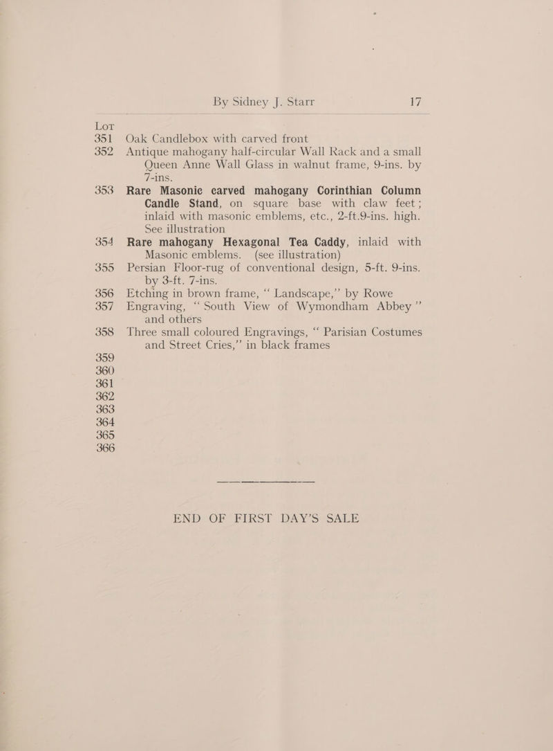 Oak Candlebox with carved front Antique mahogany half-circular Wall Rack and a small Queen Anne Wall Glass in walnut frame, 9-ins. by 7-1ns. Rare Masonic carved mahogany Corinthian Column Candle Stand, on square base with claw feet; inlaid with masonic emblems, etc., 2-ft.9-ins. high. See illustration Rare mahogany Hexagonal Tea Caddy, inlaid with Masonic emblems. (see illustration) Persian Floor-rug of conventional design, 5-ft. 9-1ns. by 3-ft. 7-ins. Etching in brown frame, “ Landscape,’ by Rowe Engraving, “South View of Wymondham Abbey ”’ and others Three small coloured Engravings, “ Parisian Costumes and Street Cries,’ in black frames END OF “FIKS! DAY S*sALe