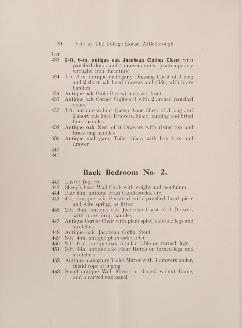 Lot 433 434 435 436 437 438 439 440 44] 3-ft. 6-in. antique oak Jacobean Clothes Closet with panelled doors and 4 drawers under (contemporary wrought iron furniture) 2-ft. 6-in. antique mahogany Dressing Chest of 3 long and 2 short oak lined drawers and slide, with brass handles Antique oak Bible Box with carved front Antique oak Corner Cupboard with 2 arched panelled doors 3-ft. antique walnut Queen Anne Chest of 3 long and 2 short oak lined Drawers, inlaid banding and fitted brass handles Antique oak Nest of 8 Drawers with rising top and brass ring handles Antique mahogany Toilet Glass with box base and drawer Back Bedroom No. 2. Lustre Jug, etc. Sheep’s head Wall Clock with weight and pendulum Pair 8-in. antique brass Candlesticks, etc. 4-ft. antique oak Bedstead with panelled head piece and wire spring, as fitted 2-ft. 6-in. antique oak Jacobean Chest of 3 Drawers with brass drop handles Antique Corner Chair with plain splat, cabriole legs and stretchers Antique oak Jacobean Coffin Stool 3-ft. 4-in. antique plain oak Coffer 2-ft. 6-in. antique oak circular table on turned legs 3-ft. 9-in. antique oak Flour Hutch on turned legs and stretchers Antique mahogany Toilet Mirror with 3 drawers under, inlaid rope stringing Small antique Wall Mirror in shaped walnut frame, and a carved oak panel