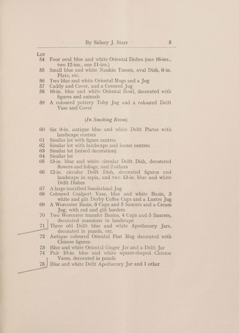 54 Four oval blue and white Oriental Dishes (one 16-ins., two 12-ins., one I1-ins.) 55 Small blue and white Nankin Tureen, oval Dish, 6-in. Plate, etc. 56 Two blue and white Oriental Mugs and a Jug 57 Caddy and Cover, and a Covered Jug 58 16-in. blue and white Oriental Bowl, decorated with figures and animals 59 A coloured pottery Toby Jug and a coloured Delft Vase and Cover (In Smoking Room) 60 Six 9-in. antique blue and white Delft Plates with landscape centres 61 Similar lot with figure centres 62 Similar lot with landscape and locust centres 63 Similar lot (mixed decoration) 64 Similar lot 65 13-in. blue and white circular Delft Dish, decorated flowers and foliage, and 2 others 66 12-in. circular Delft Dish, decorated figures and landscape in sepia, and two 13-in. blue and white Delft Dishes 67 Alarge inscribed Sunderland Jug 68 Coloured Coalport Vase, blue and white Basin, 3 white and gilt Derby Coffee Cups and a Lustre Jug 69 <A Worcester Basin, 6 Cups and 5 Saucers and a Cream Jug, with red and gilt borders 70 Two Worcester transfer Basins, 4 Cups and 5 Saucers, decorated mansions in landscape a Three old Delft blue and white Apothecary Jars, — decorated in panels, etc. 72 Antique coloured Oriental Pint Mug decorated with Chinese figures 73 Blue and white Oriental Ginger Jar and a Delft Jar 74 Pair 10-in. blue and white square-shaped Chinese Vases, decorated in panels 75 | Blue and white Delft Apothecary Jar and 1 other ———e ae