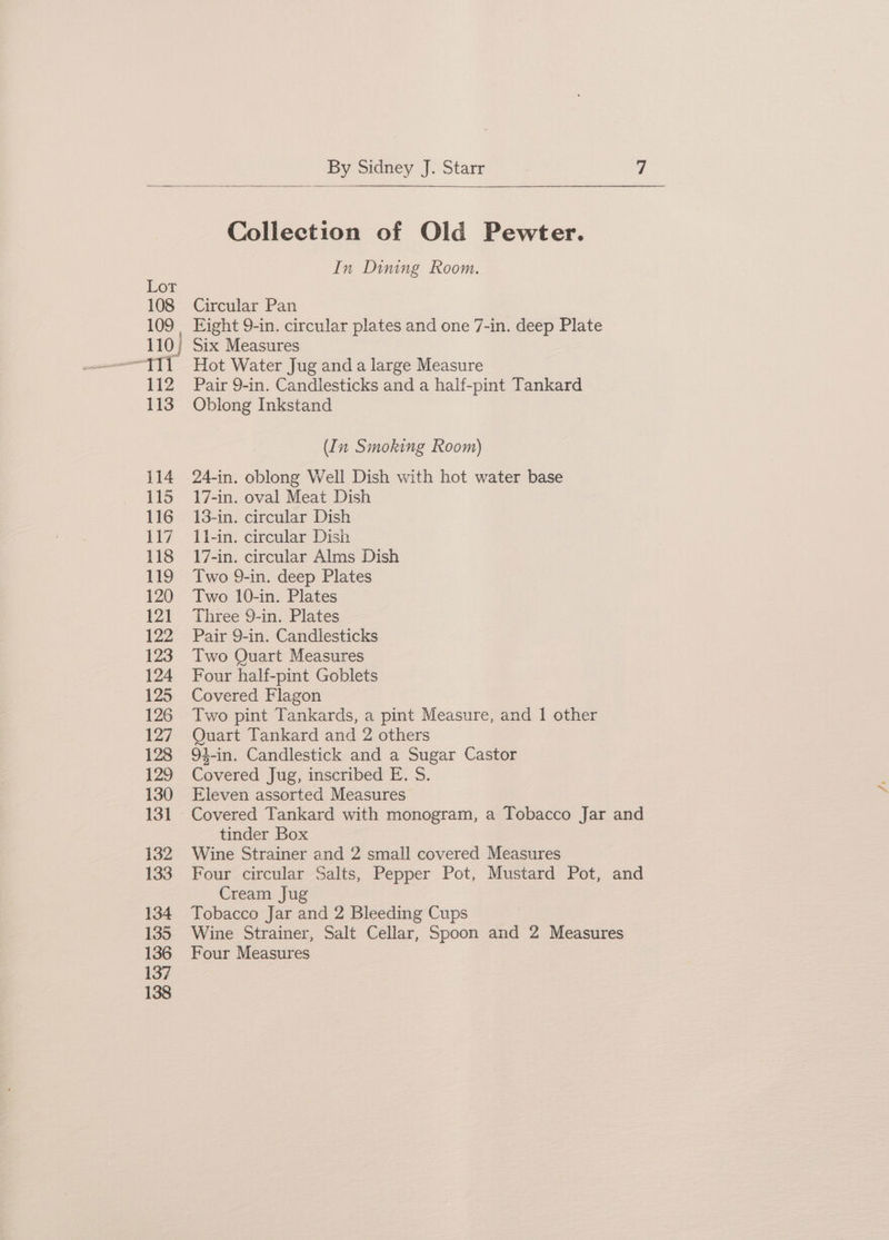 Collection of Old Pewter. In Dining Room. Circular Pan Fight 9-in. circular plates and one 7-in. deep Plate Six Measures Hot Water Jug and a large Measure Pair 9-in. Candlesticks and a half-pint Tankard Oblong Inkstand (In Smoking Room) 24-in. oblong Well Dish with hot water base 17-in. oval Meat Dish 13-in. circular Dish 11-in. circular Dish 17-in. circular Alms Dish Two 9-in. deep Plates Two 10-in. Plates Three 9-in. Plates Pair 9-in. Candlesticks Two Quart Measures Four half-pint Goblets Covered Flagon Two pint Tankards, a pint Measure, and 1 other Quart Tankard and 2 others 94-in. Candlestick and a Sugar Castor Covered Jug, inscribed E. S. Eleven assorted Measures tinder Box Wine Strainer and 2 small covered Measures Four circular Salts, Pepper Pot, Mustard Pot, and Cream Jug Tobacco Jar and 2 Bleeding Cups Wine Strainer, Salt Cellar, Spoon and 2 Measures Four Measures
