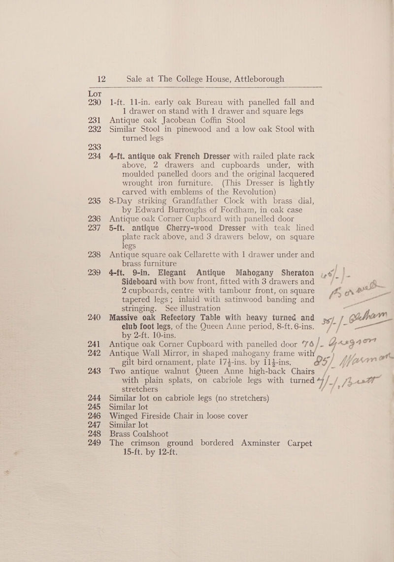 Lot 230 1-ft. 11-in. early oak Bureau with panelled fall and 1 drawer on stand with 1 drawer and square legs 231 Antique oak Jacobean Coffin Stool 232 Similar Stool in pinewood and a low oak Stool with turned legs 233 234 4-ft. antique oak French Dresser with railed plate rack above, 2 drawers and cupboards under, with moulded panelled doors and the original lacquered wrought iron furniture. (This Dresser is lightly carved with emblems of the Revolution) 235 8-Day striking Grandfather Clock with brass dial, by Edward Burroughs of Fordham, in oak case 236 Antique oak Corner Cupboard with panelled door 237 5-ft. antique Cherry-wood Dresser with teak lined plate rack above, and 3 drawers below, on square legs 238 Antique square oak Cellarette with 1 drawer under and brass furniture 239 4-ft. 9-in. Elegant Antique Mahogany Sheraton .,</ Sideboard with bow front, fitted with 3 drawers and 2 cupboards, centre with tambour front, on square 4s a pee | tapered legs; inlaid with satinwood banding and Snel stringing. See illustration ‘i 240 Massive oak Refectory Table with heavy turnea and 36). / “gahom club foot legs, of the Queen Anne period, 8-ft. 6-ins. by 2-ft. 10-ins. i 241 Antique oak Corner Cupboard with panelled door ‘7 6 /. Gass hk 242 Antique Wall Mirror, in shaped mahogany frame with’ ee wt gilt bird ornament, plate 174-ins. by 114-ins. S/ hyewee 243 Two antique walnut Queen Anne high-back Chairs /~ with plain splats, on cabriole legs with Eun fa) ef 1 sf stretchers 244 Similar lot on cabriole legs (no stretchers) 245 Similar lot 246 Winged Fireside Chair in loose cover 247 Similar lot 248 Brass Coalshoot 249 The crimson ground bordered Axminster Carpet 15-ft. by 12-ft.