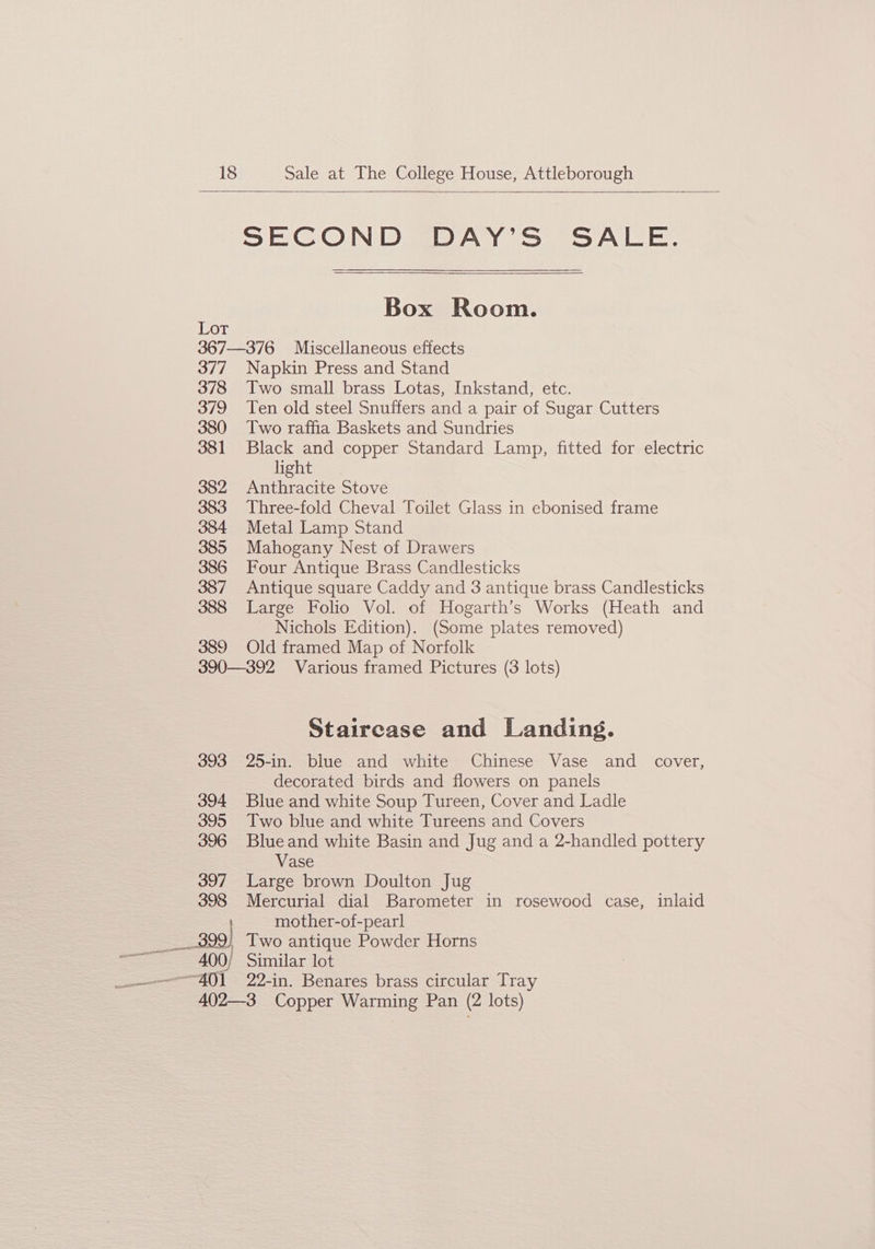 SECOND DAY’S SALE. Box Room. Lot 367—376 Miscellaneous effects 377 Napkin Press and Stand 378 Two small brass Lotas, Inkstand, etc. 379 Ten old steel Snuffers and a pair of Sugar Cutters 380 Two raffia Baskets and Sundries 381 Black and copper Standard Lamp, fitted for electric light 382 Anthracite Stove 383 Three-fold Cheval Toilet Glass in ebonised frame 384 Metal Lamp Stand 385 Mahogany Nest of Drawers 386 Four Antique Brass Candlesticks 387 Antique square Caddy and 3 antique brass Candlesticks 388 Large Folio Vol. of Hogarth’s Works (Heath and Nichols Edition). (Some plates removed) 389 Old framed Map of Norfolk 390—392 Various framed Pictures (3 lots) Stairease and Landing. 393 25-in. blue and white Chinese Vase and _ cover, decorated birds and flowers on panels 394 Blue and white Soup Tureen, Cover and Ladle 395 Two blue and white Tureens and Covers 396 Blueand white Basin and Jug and a 2-handled pottery Vase 397 Large brown Doulton Jug 398 Mercurial dial Barometer in rosewood case, inlaid mother-of-pearl ___.399) Two antique Powder Horns 400; Similar lot 401 22-in. Benares brass circular Tray 402—3 Copper Warming Pan (2 lots)