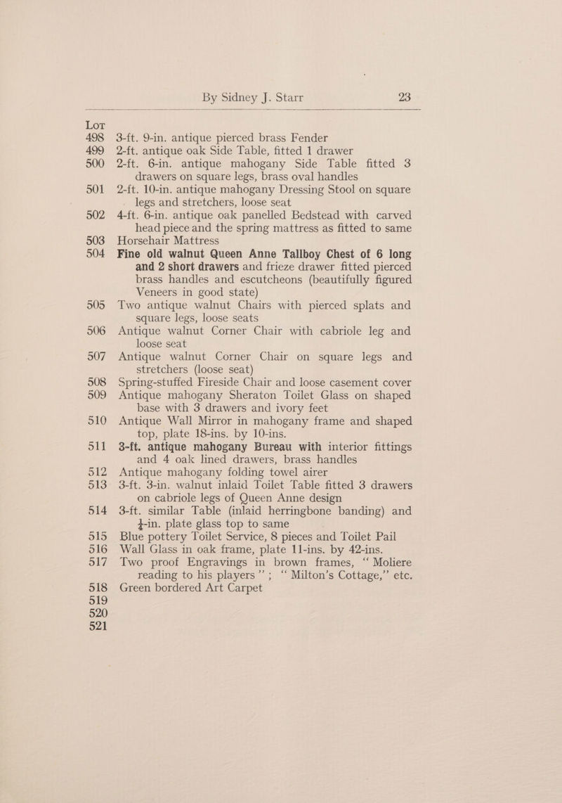 3-ft. 9-in. antique pierced brass Fender 2-ft. antique oak Side Table, fitted 1 drawer 2-ft. 6-in. antique mahogany Side Table fitted 3 drawers on square legs, brass oval handles 2-ft. 10-in. antique mahogany Dressing Stool on square legs and stretchers, loose seat 4-ft. 6-in. antique oak panelled Bedstead with carved head piece and the spring mattress as fitted to same Horsehair Mattress Fine old walnut Queen Anne Tallboy Chest of 6 long and 2 short drawers and frieze drawer fitted pierced brass handles and escutcheons (beautifully figured Veneers in good state) Two antique walnut Chairs with pierced splats and square legs, loose seats Antique walnut Corner Chair with cabriole leg and loose seat Antique walnut Corner Chair on square legs and stretchers (loose seat) Spring-stuffed Fireside Chair and loose casement cover Antique mahogany Sheraton Toilet Glass on shaped base with 3 drawers and ivory feet Antique Wall Mirror in mahogany frame and shaped top, plate 18-ins. by 10-ins. 3-ft. antique mahogany Bureau with interior fittings and 4 oak lined drawers, brass handles Antique mahogany folding towel airer 3-ft. 3-in. walnut inlaid Toilet Table fitted 3 drawers on cabriole legs of Queen Anne design 3-ft. similar Table (inlaid herringbone banding) and 4-in. plate glass top to same Blue pottery Toilet Service, 8 pieces and Toilet Pail Wall Glass in oak frame, plate Il-ins. by 42-ins. Two proof Engravings in brown frames, “‘ Moliere reading to his players’’; ‘‘ Milton’s Cottage,” etc. Green bordered Art Carpet