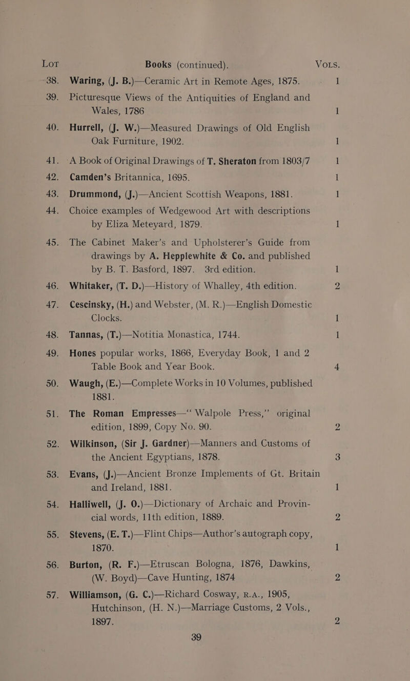 38. 39. 40. 4]. 42. 43. 44, 45. 46. 47. 48. 49. 50. ol. 53. 4. 59. 36. 57. Books (continued). Waring, (J. B.)—Ceramic Art in Remote Ages, 1875. Picturesque Views of the Antiquities of England and Wales, 1786 Hurrell, (J. W.)—Measured Drawings of Old English Oak Furniture, 1902. Camden’s Britannica, 1695. Drummond, (J.)—Ancient Scottish Weapons, 1881. Choice examples of Wedgewood Art with descriptions by Eliza Meteyard, 1879. The Cabinet Maker’s and Upholsterer’s Guide from drawings by A. Hepplewhite &amp; Co. and published by B. T. Basford, 1897. 3rd edition. Whitaker, (T. D.)—History of Whalley, 4th edition. Cescinsky, (H.) and Webster, (M. R.)—English Domestic Clocks. Tannas, (T.)—Notitia Monastica, 1744. Hones popular works, 1866, Everyday Book, 1 and 2 Table Book and Year Book. Waugh, (E.)—Complete Works in 10 Volumes, published 1881. The Roman Empresses—“ Walpole Press,’ original edition, 1899, Copy No. 90. Wilkinson, (Sir J. Gardner)—Manners and Customs of the Ancient Egyptians, 1878. and Ireland, 1881. Halliwell, (J. 0.)—Dictionary of Archaic and Provin- cial words, 11th edition, 1889. Stevens, (E. T.)—Flint Chips—Author’s autograph copy, 1870. Burton, (R. F.)—Etruscan Bologna, 1876, Dawkins, (W. Boyd)—Cave Hunting, 1874 Williamson, (G. C.)—Richard Cosway, r.A., 1905, Hutchinson, (H. N.)—-Marriage Customs, 2 Vols., 1897.
