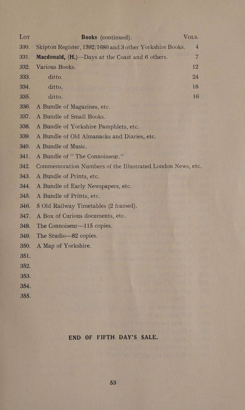 Lor Books (continued). VoLs. 330. - Skipton Register, 1592/1680 and 3 other Yorkshire Books. 4 331. Macdonald, (H.)—Days at the Coast and 6 others. 7 332. Various Books. 12 333. ditto. 24 334. ditto. 18 335. ditto. 16 336. A Bundle of Magazines, etc. 337. A Bundle of Small Books. 338. A Bundle of Yorkshire Pamphlets, etc. 339. A Bundle of Old Almanacks and Diaries, etc. 340. A Bundle of Music. 341. A Bundle of ‘“‘ The Connoisseur.”’ 342. Commemoration Numbers of the Illustrated London News, etc. 343. A Bundle of Prints, etc. 344. A Bundle of Early Newspapers, etc. 345. <A Bundle of Prints, etc. 346. 5 Old Railway Timetables (2 framed). 347. A Box of Curious documents, etc. 348. The Connoiseur—115 copies. 349. The Studio—82 copies. 350. A Map of Yorkshire. 351. 352. 353. 354. 355. END OF FIFTH DAY’S SALE.
