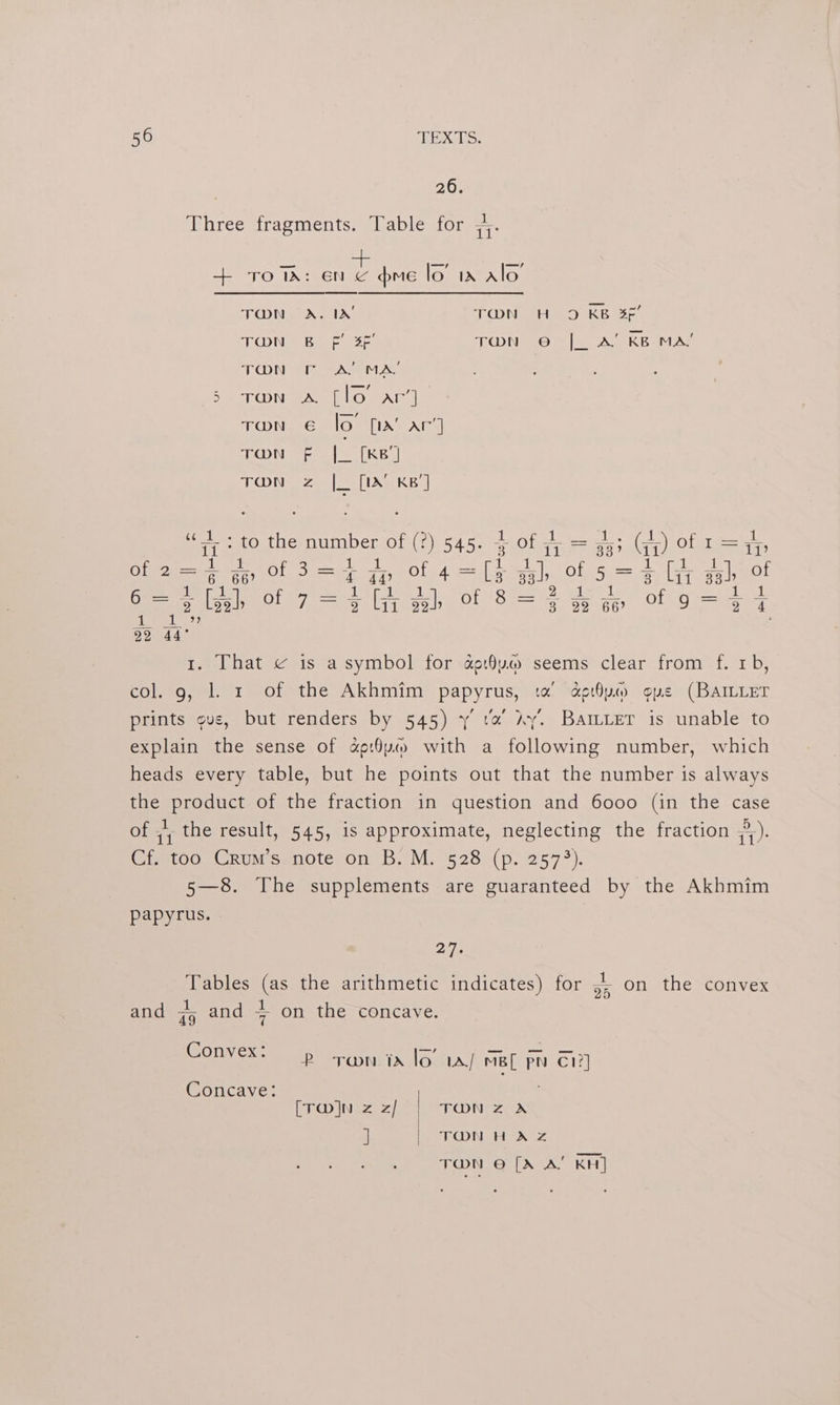 26. Three fragments. Table for 5+. a ee =, = + TOW: En < hme lay Alo La TUDE Aw TCDN sD RE Sr. THON) eS ee TWN © |[_ A’ KB MA! TON Mela Arete, Rio Ara 5. TON A TO Se M10 iNav TON F | [KB’] TWN Zz iz [IX KB] “4; i to the number of (?) 545. 4 of 4 =a; () of 1 =H, f2=% oy 3 —4 ip Of 4=[5 ggh. © oe 3 liz 33h of ca tiab of 7= Sih AL of Sata fon td 22 44 1. That ¢ is asymbol for aebuw seems clear from f. rb, col. 9, 1. 1 of the Akhmim papyrus, ta derby gue (BAILLET prints ove, but renders by 545) y va Ay. BatLeT is unable to explain the sense of ao:Oya with a following number, which heads every table, but he points out that the number is always the product of the fraction in question and 6000 (in the case of +1 the result, 545, is approximate, neglecting the fraction 71): Cratoo-<@ruM sanote on’ B..M, 528 -(p. 257°). 5—8. The supplements are guaranteed by the Akhmim papyrus. 20. Tables (as the arithmetic indicates) for and jg and 4 on the concave. 1 reas the convex Convex: pp +n. ta lo’ LA./ MBL PN C12] Concave: | [Tow Nn z z/ TON Zz A ] TON HAZ TOWN © [A A! KH]