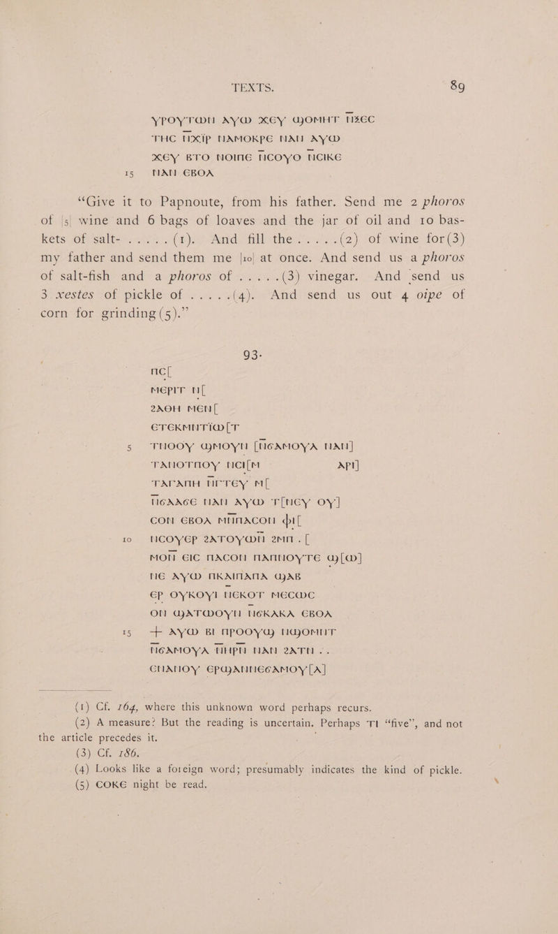TERTS: &amp;g YpOYyT@N Ay@ xEy GWOMHT TSEC THC UXIp NAMOKPE NAT AYO KEY BTO NOING NCOYO NCIKE 15 NAN EBOA “Give it to Papnoute, from his father. Send me 2 phoros of |s) wine and 6 bags of loaves and the jar of oil and 10 bas- Kets (Or haltas uy) 4: (ae) Aad alls theses a. (2) of wine for(3) my father and send them me |10| at once. And send us a phoros of. saliciicn and -axphoros, of oul px (3) vinegar. And send us S7eestes ol) prekle of. es 2s (ands send: us -out- 401pe of corn for grinding (5).” 93: mc| mMepiTr Ni 2X0H men ETEKRMNTIO@([T 5 TNOOY GQMOYN [N6AMOYA NAT] TANOTHOY nci[M . Apt] TAPANH Nerey ML No6AAGE NAN AYW TLNGY OY] CON GBOA MfnAcot! pil 10 NCOYEP 2ATOYN enn. [ — MON IC MACON NANHOYTE G)[w] NE AY MKAMAMA GAB Ep OYKOYI NEKOT MECWC ON GATMOYN HEKAKA EBOA rt —-+- AY@ BI NpOOYY Nwomnur NGOAMOYA TIHPh NAM 2ATH .. CUANOY EPAANNEGAMOY [A] (1) Cf. 764, where this unknown word perhaps recurs. (2) A measure? But the reading is uncertain. Perhaps T1 “five”, and not the article precedes it. (3) 2Ch 786, (4) Looks like a foreign word; presumably indicates the kind of pickle. (5) COKE night be read.