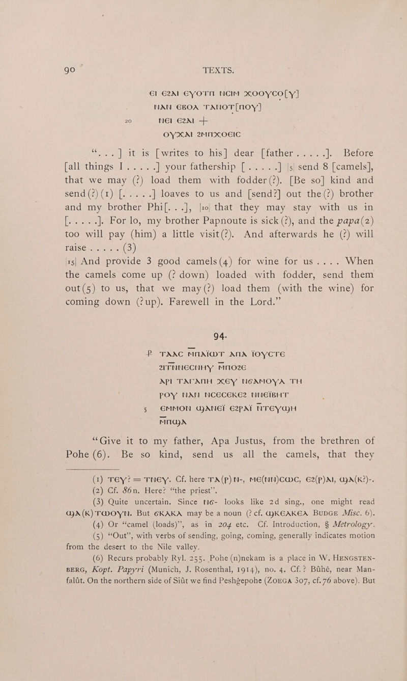 El G2Al GYOTN NCIM XOOYCOLY] NAN E€BOA TANOT([NOY } 20 Nél E21 + OYXAL 2MMXxXOEIC “hobo. G8 gl UMIS | Welles 2tOm nish Cdeare ati eres lee efore Pall@thin soil fee, ey ourslativershi pale. fee me | |s| send 8 [camels], that we may (?) load them with fodder(?). [Be so] kind and Send (hl el aceee ] loaves to us and [send?] out the(?) brother and my brother Phi[...], |:0| that they may stay with us in Pic ke. |. For lo, my brother Papnoute is sick (?), and the papa(z2) too will pay (him) a little visit(?). And afterwards he (?) will PaiSCee asl: (3) ts} And provide 3 good camels(4) for wine for us.... When the camels come up (? down) loaded with fodder, send them out(5) to us, that we may(?) load them (with the wine) for coming down (?up). Farewell in the Lord.” 94. P TAAC MMAI@T ATA loycre 2ITNNECNHY MnOzeE Apl TAVANH X€Y NOAMOYA TH poy NAN NCECEKE2 NNEIBHT EMMON WANE! E2pAl NTEYUjH we MIMGjX “Give it to my father, Apa Justus, from the brethren of Pohe (6). Be so kind, send us all the camels, that they (1) Tey? = TNEY. Cf. here TA(P) N-, ME(NN)CWC, E2(p)A1, GJA(K?)-. (2) Cf. 86n. Here? “the priest’. (3) Quite uncertain. Since N6- looks like 2d sing., one might read G@A(K) TWOYN. But GKAKA may be a noun (? cf. QQKEAKEA BuDGE Misc. 6). (4) Or “camel (loads)”, as in 204 etc. Cf. Introduction, § Metrology. (5) “Out”, with verbs of sending, going, coming, generally indicates motion from the desert to the Nile valley. (6) Recurs probably Ryl. 255. Pohe (n)nekam is a place in W. HENGSTEN- BERG, Kopt. Papyri (Munich, J. Rosenthal, 1914), no. 4. Cf.? Bahé, near Man- faltit. On the northern side of Sitit we find Pesh&amp;epohe (ZorGA 307, cf.76 above). But
