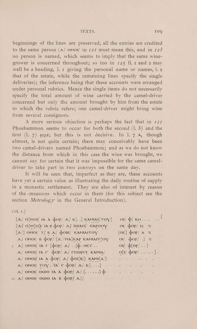 beginnings of the lines are preserved, all the entries are credited to the same person (A/ omot/ in 122 must mean this, and in 123 no person is named, which seems to imply that the same wine- grower is concerned throughout; so too in 125 ll. 1 and 2 may well be a heading, 1. 1 giving the personal name or names, J. 2 that of the estate, while the remaining lines specify the single deliveries); the inference being that these accounts were arranged under personal rubrics. Hence the single items do not necessarily specify the total amount of wine carried by the camel-driver concerned but only the amount brought by him from the estate to which the rubric refers; one camel-driver might bring wine from several consignors. A more serious objection is perhaps the fact that in r2z Phoebammon seems to occur for both the second (1. 3) and the frst (b; 7) gopd; but this is not decisive. In 1. 74, though almost, is not quite certain; there may conceivably have been two camel-drivers named Phoebammon; and as we do not know the distance from which in this case the wine was brought, we cannot say for certain that it was impossible for the same camel- driver to take part in two convoys on the same day. It will be seen that, imperfect as they are, these accounts have yet a certain value as illustrating the daily routine of supply in a monastic settlement. They are also of interest by reason of the-measures which occur in them (for this subject see the section Metrology in the General Introduction). Col. 1.] [A] O]mor/ WX hop! A] KL. .] KAMIAILTOY] — ol] / KH... = [A/ o]m[o}/ 1A 8 hop] A] i@AN/ MApOoy o1/ pop] is x [A/] omol/ T/ B A/ cote! KAMIArroy [o1/] pop) A x A] omol/ B bop] [A/?MA] KAP KAMIAIT [LOY ov pop] J] x 5 Aj omot 1A r [bop] A/ . Jb. HCT.. ot bflop/..] A./| OMOI/ INT pop! A./ rEq@pri KAMIA/ oft/ op| 25 Ae i. A.| OmMOI 1A» pop] A/ ol[B/] KAmi[A/] Aj omol/ TOY. “IN F pop! A/ Ae eee A/ omoi/ ewe iA x pop] A/ L..... ik
