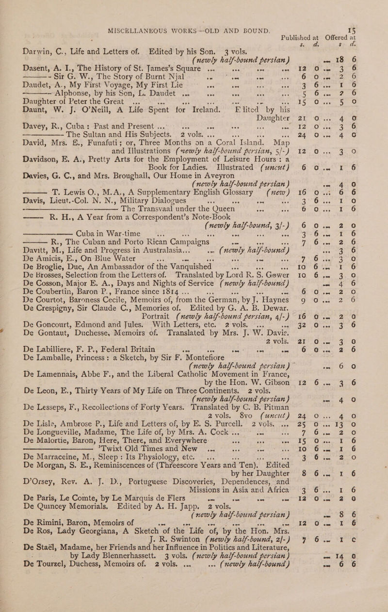 Darwin, C., Life and Letters of. Edited by his Son. 3 vols, (newly half-bound persian) Dasent, A. I., The History of St. James’s Square ... 5a oes ee ’ Sir G. W., The Story of Burnt Njal Spee sas ae A Daudet, A., My First Voyage, My First Lie om was — Alphonse, by his Son, L. Daudet ... ee a Daughter of Peter the Great... ie ve ane Daunt, W. J. O'Neill, A Life Spent for Ireland. FE lited by his eels Davey, R., Cuba: Past and Present . ae be ee ——_———- The Sultan and His Subjects. 2 ‘vols. aie eee David, Mrs. &amp;., Funafuti; or, Three Months on a Coral Island. Map and Illustrations (ewly half-bound persian, 5/-) Davidson, E. A., Pretty Arts for the Employment of Leisure Hours: a Book for Ladies. Illustrated (smcut) Davies, G. C., and Mrs. Broughall, Our Home in Aveyron (newly half-bound persian ) T. Lewis O., M.A., A Supplementary English SE ee ah new ) Davis, Lieut.-Col. N, N., Military Dialogues se ee The Transvaal under the Queen ae —— R. H., A Year from a Correspondent’s Note-Book ( ati half-bound, 3/-) Cuba in War-time ie at es R., The Cuban and Porto Rican Campaigns | Davitt, M., Life and Progress in Australasia.. bats nerwly half. bound ‘) De Amicis, E., On Blue Water Pr De Broglie, Due, An Ambassador of the Vanquished De Brosses, Selection from the Letters of. Translated by Lord k. S. Gower De Cosson, Major E. A., Days and Nights of Service (newly half-bound) De Coubertin, Baron P., ” France since 1814... De Courtot, Baroness Cecile, Memoirs of, from the ‘German, by J. Haynes De Crespigny, Sir Claude C., Memories ‘of, Edited by G. A. B. Dewar. Portrait (newly half- iad persian, 4/- } De Goncourt, Edmond and Jules. With Letters, etc. 2 vols. ... De Gontaut, Duchesse, Memoirs of, Translated by Mrs. J. W. Davir. 2 vols. De Labilliere, F. P., Federal Britain aon bei ap deel ps De Lamballe, Princess : a Sketch, by Sir F. Montefiore De Lamennais, Abbe F., and the Liberal Catholic Movement in France, by the Hon. W. Gibson De Leon, E., Thirty Years of My Life on Three Continents. 2 vols. (newly half-bound persian ) De Lesseps, F., Recollections of Forty Years. Translated by C. B. Pitman 2vols. 8vo (wncttt) De Lisle, Ambrose P., Life and Letters of, by E. S. Purcell. 2 vols. De Longueville, Madame, The Life of, by Mrs. A. Cock .. Ms ie De Malortie, Baron, Here, There, and Everywhere aee ae aes ae *Twixt Old Times and New ... ay Res De Marraceine, M., Sleep: Its Physiology, etc. ... ah De Morgan, S. E., ‘Reminiscences of (Threescore Years and 2 en). Edited by her Daughter D’Orsey, Rev. A. J. D., Portuguese Discoveries, Dependences, and Missions in Asia and Africa De Paris, Le Comte, by Le Marquis de Flers ae op oes eee De Quincey Memorials, Edited by A. H. Japp. 2 vols. (newly hatf-bound persian) De Rimini, Baron, Memoirs of De Ros, Lady Georgiana, A Sketch ‘of the Life of, by ‘the Hon. Mrs. J. R. Swinton ( newly half-bound, 2]-) De Staél, Madame, her Friends and her Influence in Politics and Literature, by Lady Blennerhassett. 3 vols. (xew/ly half-bound persian } De Tourzel, Déchese, Memoirs of. 2 vols. .. we (newly half-bound ) 12 -_ COON SWDHD Bwoa | 12 Oonnodo o0o°0 © OD A AMdAO CO Ww BW AH wi Ym NY OO NNAWAWWHRD HE OR mw oO M Gd Wd (op) Lal Nea HWP - bo) DWONDANIADAHNS AOoaAo nH ODADAS ao Lov) (9) no