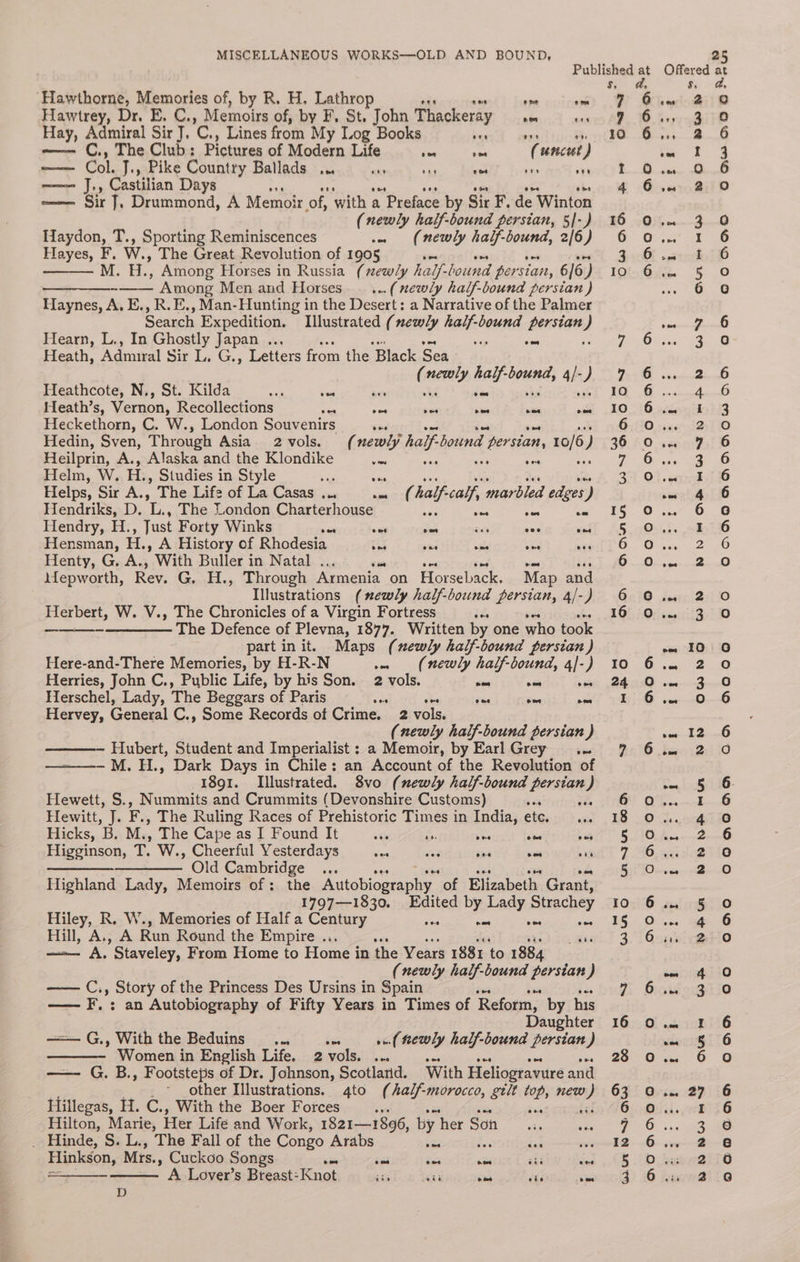 ‘Hawthorne, Memories of, by R. H, Lathrop ake ie ‘ee a Hawtrey, Dr. E. C., Memoirs of, by F. St. John Thackeray a aria Hay, Admiral Sir J, C., Lines from My Log Books tem A ave Pie ~— C., The Club: Pictures of Modern Life pe oo ( serecect ) ie Col. J., Pike Country Ballads ... ne mat ~ ns age ——— J., Castilian Days + sme Sir 7, Drummond, A Memoir of” with a Preface by Sir F, de Winton (newly half-bound persian, 5]-) Haydon, T., Sporting Reminiscences . (newly half-bound, 2/6) Hayes, F. W. » The Great Revolution of 1905 se M. H., Among Horses in Russia (newly halj- hound persian, 6/6) —————--—— Among Men and Horses... (newly half-bound persian ) Haynes, A. E., R.E., Man-Hunting in the Desert: a Narrative of the Palmer Search Expedition. Illustrated (newly iain bound iia } Hearn, L., In Ghostly Japan ... 5 om Heath, Admiral Sir L, G., Letters from the Black Sea (newly half-bound, 4]/-) Heathcote, N., St. Kilda an Ses ne hg Sine abn aah Heath’s, Vernon, Recollections ate oes ae ce ae os Heckethorn, C. W., London Souvenirs = oa eat ane ale Hedin, Sven, Through Asia. 2vols. (newly half-bound persian, 10/6) Heilprin, A., Alaska and the Klondike vn Ske ae oo oe Helm, W. H., Studies in Style ag Ses my wis tes Mer Helps, Sir A., The Life of La Casas ... . (half-calf, marbled edges) Hendriks, D. L., The London Charterhouse ike eats cea ‘ig Hendry, H., Just Forty Winks = oes vue aa ene wes Hensman, H., A History of Rhodesia che stud wale a wes Henty, G. A., With Buller in Natal . _ a = séi Mepworth, Rev. G. H., Through Armenia on Horseback. Map and Illustrations (ewly half-bownd persian, 4/-) Hierbert, W. V., The Chronicles of a Virgin Fortress 1s ———_—— The Defence of Plevna, 1877. Written by one who took part init. Maps (newly half-bound persian ) Here-and-There Memories, by H-R-N wo (newly half-bound, 4]-) Herries, John C., Public Life, by his Son. 2 vols. oh Ar os Herschel, Lady, The Beggars of Paris ae oe eae — oes Hervey, General C., Some Records of Crime. 2 vols. (newly half-bound persian ) — Hubert, Student and Imperialist : a Memoir, by Earl Grey _.... --_ M. H., Dark Days in Chile: an Account of the Revolution of 1891. Illustrated. 8vo (newly half-bound persian ) Hewett, S., Nummits and Crummits (Devonshire Customs) ie % Hewitt, J. F,, The Ruling Races of Prehistoric Times in India, ete. shee Hicks, 'B. M., The Caje as I Found It ote ds. bette) yak ae Higginson, 7 W., Cheerful Yesterdays &amp; ah ons nae vue Old Cambridge Highland Lady, Memoirs of: the A dtabioonanig, “of Elizabeth Grant, 1797—1830. Edited by Lady Strachey Hiley, R. W., Memories of Half a Century 5 as an Be Hill, A., A Run Round the Empire ... Rue — — A. Staveley, From Home to Home in the Years 1881 to 1884 (newly half-bound serie ) —— C., Story of the Princess Des Ursins in Spain es ies — F.: an Autobiography of Fifty Years in Times of Reform, by his Daughter —— G., With the Beduins ... sis (newly half-bound persian ) Women in English Life. 2 vols. ... — —- G. B., Footsteps of Dr. Johnson, Scotland. With Heliogravure and Hillegas, H. C., With the Boer Forces _., zis Hilton, Marie, Her Life and Work, 1821—1896, by er Son. _ Hinde, S. L., The Fall of the Congo Arabs ses Pe Hinkson, Mrs. .» Cuckoo Songs me za hes ea ee wins D 5, 7 ? 10 x 6 6 ) ao Ano So OoONDOADN Oo (om) anon oooo°o HAoand © La) On ies 2:0 3 0 a 6 ae G.....6 2 0 pa 1 6 £730 5 Oo 6 06 7.6 ao 2 6 Aud I 3 2;,0 7 6 3 6 1 6 4 6 6 ©o 1 6 2° 6 2 0 2 0 3.0 10 6 2 0 3 0 o 6 12 6 20a 5 6 ae 4 0 2 6 2:10 2 0 5 Oo 4 6 2 0 4 0 3 0 1 6 5 6 6 0 27 6 1 6 3 8 2e 2776