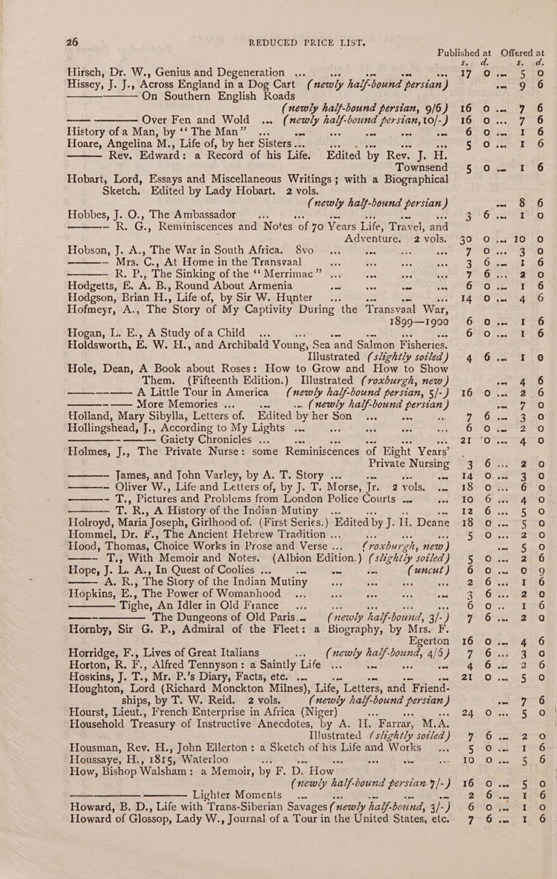 Hirsch, Dr. W., Genius and Degeneration ... ioe Hissey, J. J., Across England in a Dog Cart ( newly half bound persian J On Southern English Roads (newly half-bound persian, 9/6) —— ——— Over Fen and Wold ... (newly pay bound persian, to/-) History of a Man, by ‘‘ The Man”... ah. # eS) oes ro Hoare, Angelina M., Life of, by her Sisters... ie Rev. Edward: a Record of his Life. Edited by Rev. Te H. Townsend Hobart, Lord, Essays and Miscellaneous Writings ; with a Biographical Sketch. Edited by Lady Hobart. 2 vols. (newly half-bound persian ) Hobbes, J. O., The Ambassador - Rk. ‘ey Reminiscences and Notes. of 70 Years Life, Travel, aiid Adventure. 2 vols. Hobson, J. A., The War in South Africa. Svo.., af — Mrs. C., At Home in the Transvaal ive See ee — R. P., The Sinking of the ‘‘ Merrimac” ... eo se 0 Hodgetts, E. A. B., Round About Armenia cot ra oa vo. Hodgson, Brian H., Life of, by Sir W. Hunter , Hofmeyr, A., The Story of My Captivity During the Transvaal War, 1899—1990 Hogan, L. E., A Study ofa Child... Holdsworth, E. W. H., and Archibald Young, Sea and Salmon Fisheries, Illustrated (slightly sotled ) Hole, Dean, A Book about Roses: How to Grow and How to Show Them. (Fifteenth Edition.) Illustrated ( roxburgh, new ) ~——~--—— A Little Tour in America (newly half-bound persian, §/-) More Memories ... . (newly half-bound feread } Holland, Mary Sibylla, Letters of. Edited by her Son #52 es Hollingshead, J., According to My Lights .. ae oN woe Gaiety Chronicles ... oes be ee3 om Holmes, J., The Private Nurse: some Reminiscences of Eight Years’ Private Nursing — James, and John Varley, by A. T. Story . se es ——-- Oliver W., Life and Letters of, by J. T. Morse, Ir. 2 vols 2.2 - T., Pictures and Problems from London Police Courts os ~ T. R., A History of the Indian Mutiny _ ... on =e oa Holroyd, Maria Joseph, Girlhood of. (First Series.) Edited by J. 11. Deane Hommel, Dr. F., The Ancient Hebrew Tradition ... - Hood, Thomas, Choice Works in Prose and Verse... voxburzh, new) - T,, With Memoir and Notes. (Albion Edition.) (slightly sotled) Hope, J. L. A., In Quest of Coolies ... are a Em (uncut ) -A.R, The Story of the Indian Mutiny sae oes er ve Hopkins, E., The Power of Womanhood ... 5 cos oes oi ——— Tighe, An Idler in Old France os oe ae ay ——~—————. The Dungeons of Old Paris... (newly half-bound, 3/-) Hornby, Sir G. P., Admiral of the Fleet: a Biography, by Mrs. F. Egerton Horridge, F., Lives of Great Italians (newly neat ge 4/5) Horton, R. ae Alfred Tennyson : a Saintly Life ... tbe oe. sal Hoskins, J. T., Mr. P.’s Diary, Facts, ete. ... Houghton, Lord (Richard Monckton Milnes), Life, Letters, and F riend- ships, by T. W. Reid. 2 vols. (newly ae bound persian ) Hourst, Lieut., French Enterprise in Africa (Niger) Household Treasury of Instructive Anecdotes, by A. He Farrar, M.A. Illustrated (slightly sotled ) Housman, Rev. H., John Ellerton: a Sketch of his Life and Works Tloussaye, H., 181 5, Waterloo es ves = How, Bishop Walsham: a Memoir, by F. D. How (newly eye bound persian 7/-) ————_ ————- Lighter Moments... se £2 ba Howard, B. D., Life with Trans-Siberian Savages (7 ne -ewly half-botind, 3/-) Eloward of Glossop, Lady W., Journal of a Tour in the United States, etc. 17 La) &amp; a) ND FANTWN O > nao ee &amp; “op eet yes €, in a eae Belo Oo aey 20 exh Bs tamed 0) Oo Je 7 6 6 eet 56 pea « DN 5 6A TD O%.28IO?*0 a ole pi Be ©) O.< sues 60 reer wees 8) G. er * 6 Oa 6 33 6 01; Er LG 623 USTte 09 Ree Yeo O84 Ft SO meal ee) 6.5 es iO 0 sao Bo ‘OSS. ra G26 790 On. tec 3 ee Oo... 6 O O° 22° 0 On cas 5 Oe oO Ons, sane 5 LO 0.25726 OL OHO 643.071 36 645'4.2+*0 Of. tl tO 62230 O73 85 °6 62322 FASO 6 tre 20 Oo ae Ae ey aoa °) Of 45 nC Dhipemer ap 3 oe ees | Ove. oh O°. ig 6%, as *6 ONSET iO Gina reso