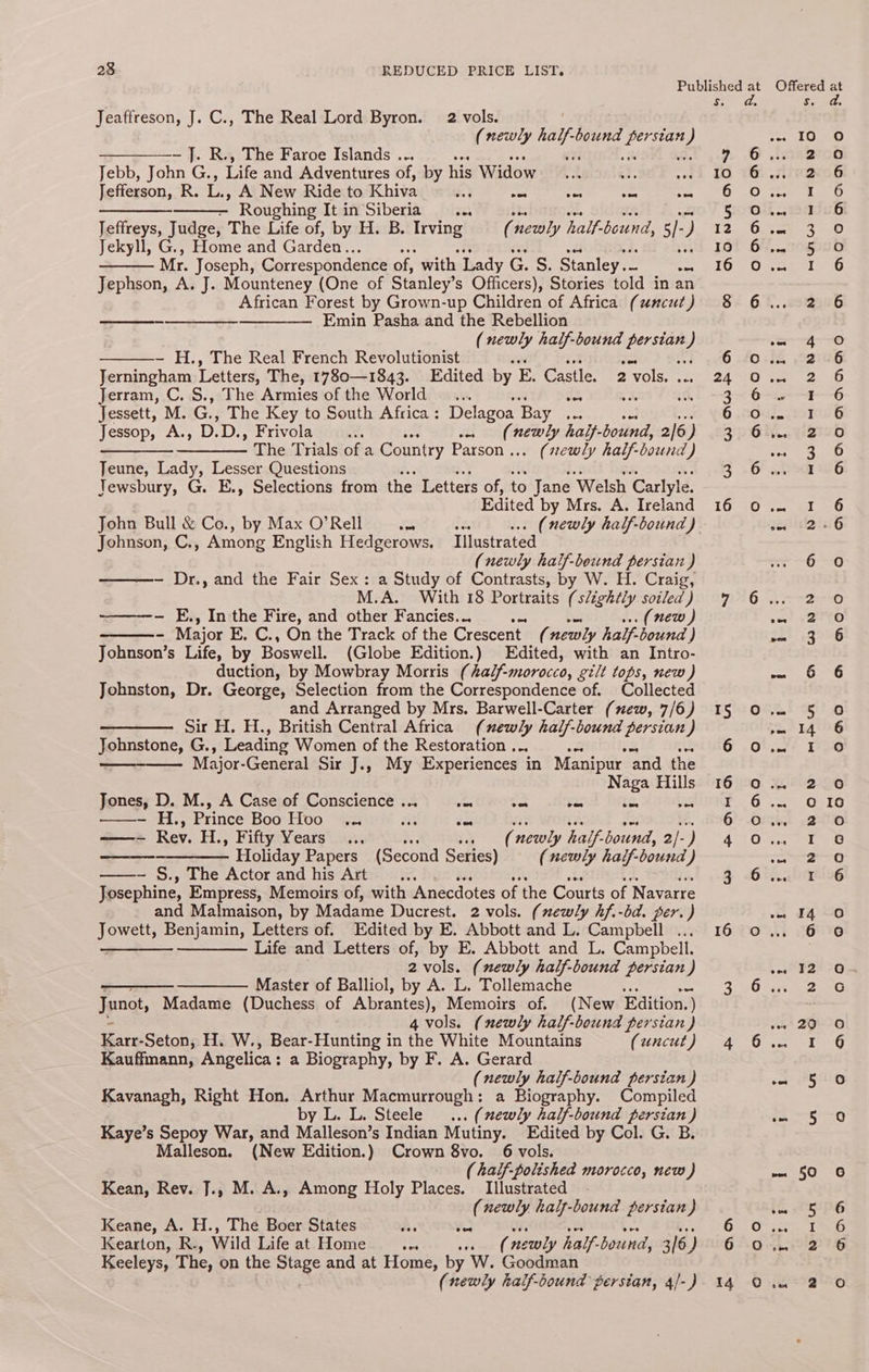 Published at Offered at Si 1d. Ssomile Jeaffreson, J. C., The Real Lord Byron. 2 vols. (newly Aaif? bound page } poten teva ——_———- J. R., The Faroe Islands ... %, © aaa Jebb, John G., Life and Adventures of, by his Widow oh Rae sed IO 1 .frmeeh Jefferson, R. ie A New Ride to Khiva 2. aa ven oes tn tO oO. eee Oo ——- Roughing It in Siberia oe Bod jweadeb Jeffreys, Judge, The Life of, by H. B. Irving ( newly halt: bound, s ) 12 Ogieaees ae Jekyll, G., Home and Garden .. on 16? 67,..295085 Mr. Joseph, Correspondence of, with Lady Cac: Stanley. = pene LO Ok meet eG Jephson, A. J. Mounteney (One of Stanley’s Officers), Stories told in an African Forest by Grown-up Children of Africa (uncut) 8 6... 2 6 —-—____—-——_—-_— Emin Pasha and the Rebellion (newly half-bound peas } e978. ~ H., The Real French Revolutionist f 6.40.6 $2105 Jerningham Letters, The, 1780—1843. Edited by E. Castle. 2 ‘vols. ee 2A aD ete oan Jerram, C. S., The Armies of the World _... ah] = ae ht 3-6 EG Jessett, M. G., The Key to South Africa : Delagoa Bay oe 6 #053. 291005 Jessop, A., D. D., Frivola is Ra (ery haif- bound, 2/6) 37 6h... ueZtcb goo isin SOs Seal tote Country Parson... (xewly half- bound ) sean: ies 8 Jeune, Lady, Lesser Questions 3.6 0 I 16 Jewsbury, G. E., Selections from the Letters of, to Jane ‘Welsh ‘Carlyle. Edited by Mrs. A: Ireland 16 ©... .1 6 John Bull &amp; Co., by Max O’Rell = (newly half-bound) seit Johnson, C., Among English Hedgerows. Illustrated (newly half-bound persian ) 6 0 - Dr., and the Fair Sex: a Study of Contrasts, by W. H. Craig, M.A. With 18 Portraits (slightly soiled) 7 6... 2 0 ~—--- E., In the Fire, and other Fancies... oes . (new) ome? «ato - Major E. C., On the Track of the Crescent ( newly half. bound ) San! 0205 Johnson’s Life, by Boswell. (Globe Edition.) Edited, with an Intro- duction, by Mowbray Morris ( half-moroceo, gilt tops, new ) ps SF) Johnston, Dr. George, Selection from the Correspondence of. Collected and Arranged by Mrs. Barwell-Carter (new, 7/6) I5 O.4 5 O Sir H. H., British Central Africa (newly half-bound persian) 14 6 polnstone, G., Leading Women of the Restoration ... G .Ot.. 9) — Major- -General Sir J., My Experiences | in Manipur. ‘and the Naga Hills 16 0.4 2 6 Jones, D. M., A Case of Conscience ... 353 Sat = 5 auiear. G6. (OSTo ——- H., Prince Boo Hoo ... mt es da? cx ha % diS0)- ORGS <2@ ——- Rev. H., Fifty Years... ee: ww. (newly half-bound, 2/-) 4 O.. IT 8 ———_—— Holiday Papers (Second Series) (newly half-bound ) aU ee) ——- §., The Actor and his Art. 3 6 696 Josephine, Empress, Memoirs of, with Anecdotes of the Courts of Navarre and Malmaison, by Madame Ducrest. 2 vols. (newly hf.-bd. per.) ~~ 140 Jowett, Benjamin, Letters of. Edited by E. Abbott and L. Campbell .... 16 0... 6 © ——— ——— Life and Letters of, by E. Abbott and L. Campbell. 2vols. (newly half-bound persian ) eee F2E0G —_——___—_——_—— Master of Balliol, by A. L. Tollemache 3: Ose jpn, Madame (Duchess of Abrantes), Memoirs of. (New Edition. ) ~- 4 vols. (newly half-bound persian) vee? 290 °0 Karr-Seton, Hs W., Beat Hinting i in the White Mountains (uncut): AL Os. 10 Kauffmann, Angelica: a Biography, by F. A. Gerard (newly half-bound persian) ont PRHIO Kavanagh, Right Hon. Arthur Macmurrough: a Biography. Compiled by L. L. Steele . (newly half-bound persian) oa | Kaye’s Sepoy War, and Malleson’s Indian Mutiny. Edited by Col. G. B. Malleson. (New Edition.) Crown 8vo. 6 vols. (half-polished morocco, new ) =a 50. 6 Kean, Rev. J., M. A., Among Holy Places. Illustrated (newly half-bound persian) 1a <2 EPG Keane, A. H., The Boer States as oe ae oe ee Pott OO tant Te Kearton, R., Wild Life at Home e we (newly half-bound, 3/6) 6 0... 2 6 Keeleys, The, on the Stage and at Home, by W. Goodman