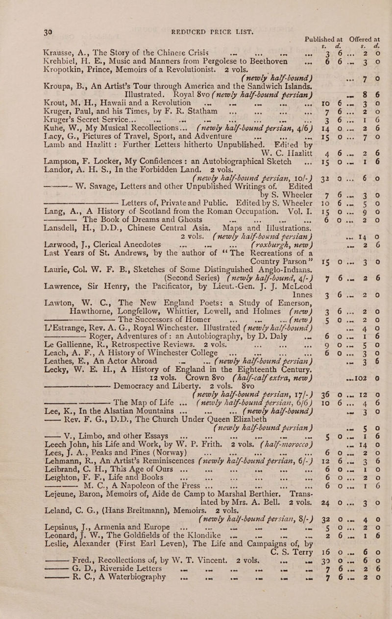 Krausse, A., The Story of the Chinese Crisis ve Krehbiel, H. E., Music and Manners from Pergolese to Beethoven ome Kropotkin, Prince, Memoirs of a Revolutionist. 2 vols. (newly half-bound ) Kroupa, B., An Artist’s Tour through America and the Sandwich Islands. Illustrated. Royal 8vo (newly half-bound persian) Krout, M. H., Hawaii and a Revolution... ae Aw ~t, abe Kruger, Paul, ‘and his Times, by F. R. Statham Kruger’s Secret Service... Kuhe, W., My Musical Recollections... ( newly half- bound persian, 4/6 ) Tacy, G., Pictures of Travel, Sport, and Adventure Lamb and Hazlitt: Further Letters hitherto Unpublished. Edited by W. C. Hazlitt Lampson, F. Locker, My Confidences: an Autobiographical Sketch ... Landor, A. H. S., In the Forbidden Land. 2 vols. (newly half-bound persian, 10]-) ———~ W, Savage, Letters and other Unpublished Writings of. Edited by S. Wheeler ———_————-- Letters of, Privateand Public. Edited by S. Wheeler Lang, A., A History of Scotland from the Roman Occupation. Vol. I. The Book of Dreams and Ghosts os aie Bet per Lansdeli, H., D.D., Chinese Central Asia. Maps and _ [Iilustrations. 2vols, (newly haif-bound persian) Larwood, J., Clerical Anecdotes a) ( roxburgh, new) Last Years of St. Andrews, by the author ‘of “The Recreations of a Country Parson” Laurie, Col. W. F. B., Sketches of Some Distinguished Anglo-Indians. (Second Series) (xewly hal/-bound, 4/-) Lawrence, Sit Henry, the Pacificator, by Lieut.-Gen. J. J. McLeod Innes Lawton, W. C., The New England Poets: a Study of Emerson, Hawthorne, Longfellow, Whittier, Lowell, and Holmes (new } —————_—_—— The Successors of Homer sie .. (new) L’Estrange, Rev. A. G., Royal Winchester. Illustrated ( newly half. bound ) Roger, Adventures of : an Autobiography, by} D. ae ot Le Gallienne, R., Retrospective Reviews. 2 vols. oe Leach,-A. F., A History of Winchester College... Leathes, E., ‘An Actor Abroad “ . (newly half bound persian ) Lecky, W. E. H., A History of England in the Eighteenth Century. 12 vols. Crown 8vo (half-calf extra, new) ——+—-—— Democracy and Liberty. 2 vols. 8vo (newly half-bound persian, 17/- ) —___—_— —-__—- The Map of Life .... (newly half-bound persian, 6/6) Lee, K., In the Alsatian Mountains ... (newly haijf-bound ) —— Rev. F. G., D.D., The Church Under Queen Elizabeth (newly half-bound persian) V., Limbo, and other Essays it x By ie os Leech John, his Life and Work, by W. P. Frith, 2vols. (half-norocco) Lees, J. A., Peaks and Pines (Norway) : Lehmann, R., An Artist’s Reminiscences ( newly half bound persian, 6 J Leibrand, C. H., This Age of Ours ... os nee Leighton, : ee  Life and Books ae # ds a oe oc} —- M. ey A Napoleon of the Press ... ge Lejeune, Baron, Memoirs of, Aide de Camp to Marshal Berthier. Trans- lated by Mrs. A. Bell. 2 vols. Leland, C. G., (Hans Breitmann), Memoirs. 2 vols. (newly half-bound persiar, 8/-) Lepsinus, J.. Armenia and Europe ... eS cae wa Sed Leonard, J. W., The Goldfields of the Klondike ... Leslie, Aiexander (First Earl Leven), The Life and Campaigns of, by C. S. Terry Fred., Recollections of, by W. T. Vincent. 2 vols. io ome —— G. D., Riverside Letters oa ee, Pe, me Se; rn Se. R. Cc. 3 A Waterbiography ome 0 ore eae oo eos bot naib sh, Bae Oe, Sere OF Gi aan aks eee 7 (8) pot Ge 70 OS eae ae Me Ox cieea, wed Bt Oriene to Pie ee Bt 133 othe 46 Gc = 2a @ 1S i Pie 8 Ce erg oe y fies sar ic Seg €) 10 Ores tO IS O76 OMO Ges a-ak Se She FT | eee RAN F i5**0%a. 3.50 9 On) 9a Spor (dar erim hae! 6) 2 =O T3520 On as Seo ey Baste 5 2O- 0 OPO naa 0 <0 a a er 102 6 30, Ovwclee a 10 nO seret oet an cast 3 Oo oe 5 G6 §C Oe be BRGY ints! pels § Bed Gcke pga 8, ee Sp GF O4,.0- «1 2u OO eee OU O..0 oer 22°02, ae 4 eee 22 30. c ena SHO 2. aa PPE ee OS BF 16 Ow. 6 O 30: O55 Gi-o 9-6 2! <6 oO cces ss