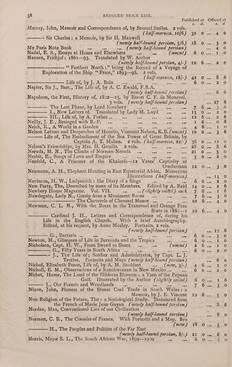Murray, John, Memoir and Correspondence of, by Samuel Smiles. 2 vols. ( half-morocco, 10/6) Sir Charles: a Memoir, by Sir H. Maxwell (newly half-bound persian, 5/6) My Paris Note Book (newly half-bound persian) Nadal, E. S., Essays at Home and Elsewhere ae ae (uncut) Nansen, Fridtjof : : 1861—93. Translated by W. Archer (newly half-bound persian, 4/-) ‘* Farthest North:” being the Record of a Voyage of Exploration of the Ship *‘ Fram,” 1893—96. 2 vols. ( half MLOrOCCO, 19/- } ————. Life of, by J. A. Bain cae oa Never Six J., Bart The Life of, by A. C. Ewald, F.S.A. ‘é newly half-bound fersian ) Napoleon, the First, History of, 1892—15, by Baron C. F. de Meneval. 3 vols. (newly half-bound ber stan) The Last Phase, by Lord Rosebery ; x eo ————— I, New Letters of. Translated ee set” M. Loyd see ome cece lit: Life of, by A. Forbes.. ve o4 ae ead Neilly, J. E., Besieged WIC; Shc Wiss ft cos ves oo rT Neish, R., A World in a Garden Me Nelson Letters and Despatches of Horatio, Vi iscount ‘Nelson, K, B. ( uncut ) Life of, The Embodiment of the Sea Power of Great Britain, by Captain A. T. Mahan. 2 vols. (hal/-morocco, 22/-) Nelson’s Friendships, by Mrs. H. Gamlin 2 vols. aa ras 55 Neruda, M. N., The Climbs of Norman-Neruda ... ae es Nesbit, E., Songs of Love and Empire ‘ os Neufeld, a A Prisoner of the Khaleefa—r2 Years’ Captivity at Omdurman Neumann, A. H., Elephant Hunting in East Equatorial Africa. Numerous {illustrations (half-morecco) Nevinson, H. W., Ladysmith: .the Diary of a Siege - a Sg New Party, The, Described by some of its Members. Edited by A. Reid Newbery House Magazine. Vol. VII. see . (slightly soiled) each Newdegate, Lady N., Gossip from a Muniment Room owe ——_——. The Cheverels of Cheverel Manor ... Newman, C. L. N., With the Boers in the Transvaal and Orange Free State in 188c—1 Cardinal J. H., Letters and Correspondence of, during his Life in the English Church. With a brief Autobiography. Edited, at his request, by Anne Mozley. Portraits. 2 vols. (newly half-bound ae stan) —— G.,, Bacteria ... Newton, M., Glimpses of Life in Bermuda and the Tropics se Nicholson, Capt. H. W., From Sword to Share... coe ‘é uncut ) ————-. G., Fifty Years in South Africa ... ———- J., Tbe Life of; Soldier and Administrator, by Capt. I; i Trotter. Portraits and Maps (newly half-bound persian ) Nichol, Elizabeth Pease, Life of, by A. M. Stoddart ws (new, 3/-) Nicholl, EK. M., Observations of a Ranchwoman in New M EXICO 7 Nisbet, Hume, The Land of the Hibiscus Blossom: a Yarn of the Papuan Gulf. Illustrated by the Author (siightly peulea) J., Our Forests and Woodlands es Nixon, John, Pioneer of the Steam Coal Trade in South Wales : a Memoir, by J. E. Vincent Non-Religion of the Future, The: a Sociological Study. Translated from the French of Marie Jean Guyan (#«wdly half-bound persian ) Nordau, Max, Conventional Lies of our Civilization (newly half-bound perstan ) Norman, C. B., The Corsairs of France. With Portraits anda Map. 8vo (new) H., The Peoples and Politics of the Far East (newly halt-bound persian, Bis d Norris, Major S. L., The South African War, 1899—1990 a 32 18 6 12 AN DC “IO, lone 19 18 21 6 Offered at $. dé Se RS re aceon EP: ; 4 0a oO. Io Gr neh 02, 10 re Me Pe Te on arate 6 6 eae 7 a 6. tent 3. BO OO ha 320 62%. 24 b&amp;w O-3D Ofn oci-teO Ge thaD 0 lenat uO Oa .O.10 o eee 5 Oo OF sag 2.370 Orn wsie-3.u0 ee £0 ey Pe rs) O22 (20 ee eee Gara 33580 Oz... 4 0 6. 4 0 om t 10 =O Ofna yO Or sear t Ay 320 Ot. el anc O-tm +2250 ~~ OO bso O (Spree ee) Orit Lie © 2. 3,0 6+....7-5.550 re 3 PS UEO O dns 535,240 Os 96:+50 Ore, 2 29 40