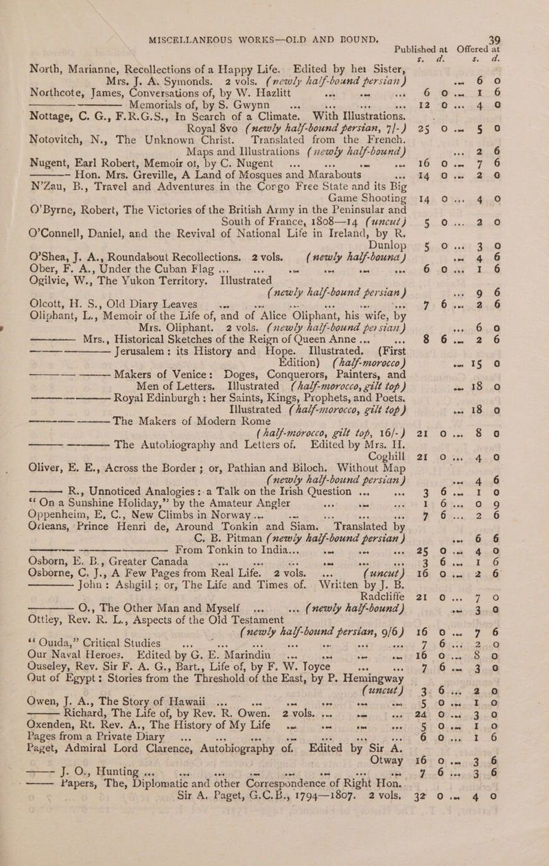 North, Marianne, Recollections of a Happy Life. Edited by hei Sister, Mrs. J. A. Symonds. 2 vols. (newly eas ih eae Northcote, James, Conversations of, by W. Hazlitt on one —_—_—— ————— Memorials of, by S. Gwynn... Nottage, C. G., F.R.G.S., In Search of a Climate. With Illustrations. Royal 8vo (newly half-bound persian, 7]-) Notovitch, N., The Unknown Christ. Translated from the French. Maps and Illustrations (#ewly isk -bound ) Nugent, Earl Robert, Memoir ot, by C. Nugent .. oa - Hon. Mrs. Greville, A Land of Mosques and Marabouts _ ae N’Zau, B., Travel and Adventures in the Corgo Free State and its Big Game Shooting O’Byrne, Robert, The Victories of the British Army in the Peninsular and South of France, 1808—14 (uncud) O’Connell, Daniel, and the Revival of National Life in Ireland, pane ‘Dun fo) ar J. A., Roundabout Recollections. 2 vols. (newly half- Seca } Ober, F. A., Under the Cuban Flag .. = ee oes 53 Ogilvie, 'W., The Yukon Territory. Illustrated (newly half-bound persian ) Olcott, H. S., Old Diary Leaves ae Oliphant, Bes Memoir of the Life of, and of Alice ‘Oliphant, his wife, by Mis. Oliphant. 2 vols. (newly half-bound per stam.) Mrs., Historical Sketches of the Reign of Queen Anne... ———_——_—_— Jerusalem: its History and Hope. Illustrated. (First Edition) (half-morocco) Makers of Venice: Doges, Conquerors, Painters, and Men of Letters. Illustrated (half-morocco, gilt top) Royal Edinburgh : her Saints, Kings, Prophets, and Poets. Illustrated (half-morocco, gilt top) The Makers of Modern Rome (half-morocco, gilt top, 16/-) ——- ———— The Autobiography and Letters of. Edited by Mrs. H. Coghill Giver, K. E., Across the Border ; or, Pathian and Biloch. Without Map (newly half-bound Bere ) R., Unnoticed Analogies :-.a Talk on the Irish Question ... “ On a Sunshine Holiday,” by the Amateur Angler nae = Oppenheim, E, C., New Climbs in Norway... : ae “it Ocleans, Prince Henri de, Around Tonkin and Siam. Translated by C. B. Pitman ( ney half-bound persian ) Soemeeaiianmne ———— From Tonkin to India.. bis ste are Osborn, E, B., Greater Canada ee sip ce aay Osborne, C, a A Few Pages from Real Life. 2vols. ... (uncut) John : Ashgiil; or, The Life and Times of. Written by J. B. Radcliffe .. (newly half-bound ) eer enies ee ———— O., The Other Man and Myself_... Ottley, Rev. R. L., Aspects of the Old Testament (newly half-bound aes 9/6. ) ** Ounda,” Critical Studies irs eee Our Naval Heroes. Edited by G. E. Marindin... oer wen Ouseley, Rev. Sir F. A. G., Bart., Life of, by F. W. Toyce ae Out of Egypt; Stories from the Threshold me the East, by P. Hemingway (uncut) Owen, J. A., The Story of Hawaii... = » we oes vine Richard, The Life of, by Rev. R. Owen. 2 vols. ... cae oot Oxenden, Rt. Rev. A., The History of My Life .. oes se ops Pages from a Private Diary a Paget, Admiral Lord Clarence, Autobiography of. Edited by Sir A. Otway =r J..O;, Hunting... Papers, ‘The, Diplomatic and other Correspondence of Right Hon. Sir A. Paget, G.C.B., 1794—1807. 2 vols, s. 21 2I &amp; [— bet “I oy ur &amp; Org Ir ONT OO = us, re HOD NO ooooen acno ms me OO eS wn pe CO Neh Or NO ef pe Ww CONN» ws > Www O©O900N O20 ANON HONHoOon o Qo AN Aaoocdvd o