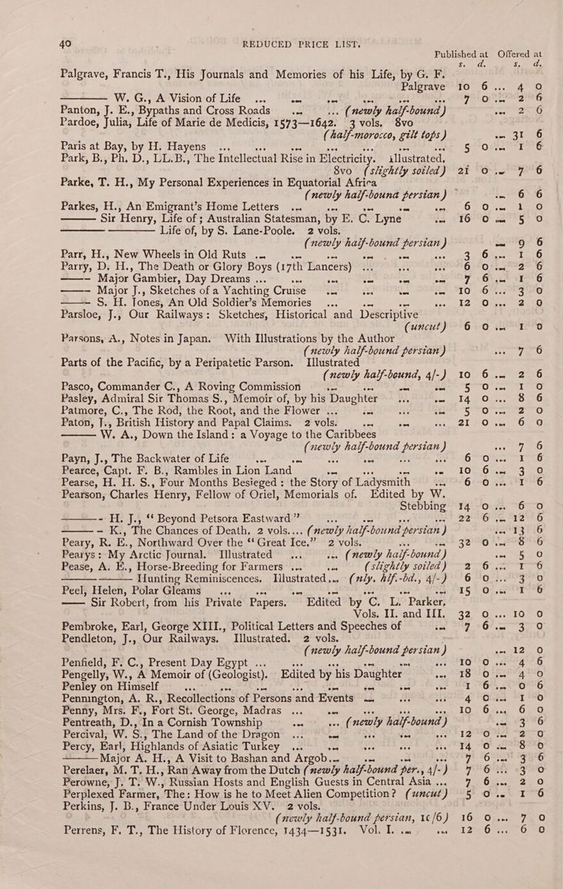 Palgrave, Francis T., His Journals and Memories of his Life, by G. F. Palgrave —_——. W. G.,, A Vision of Life... aan Panton, J. E., Bypaths and Cross Roads... i newly half. bound ) Pardoe, Julia, Life of Marie de Medicis, 1 573—1642. 3 vols. 8vo (half-morocco, gilt tops ) Paris at Bay, by H. Hayens ... st red Park, B.,-Ph. D., LL.B., The Intellectual Rise i in Electricity. illustrated, 8vo (slightly sotled ) Parke, T. H., My Personal Experiences in Equatorial Africa Parkes, H., An Emigrant’s Home Letters ... aa Sir Henry, Life of ; Australian Statesman, by E. Ge Lyne on —— Life of, ‘by S. Lane-Poole. 2 vols. (newly haif-bound persian ”) Parr, H., New Wheels in Old Ruts ... pa oe Parry, D. H., The Death or Glory Boys (17th Lancers) +5) et ved —-- Major ‘Gambier, Day Dreams ... swe oe won oon ——- Major J., Sketches of a Yachting Cruse. ot. en vos Sz H. Tones, An Old Soldier’s Memories ... Pe Parsloe, J., Our Railways: Sketches, Historical and Descriptive (uncut) Parsons, A., Notes in Japan. With Illustrations by the Author (newly half-bound persian) Parts of the Pacific, by a Peripatetic Parson. Illustrated (newly half-beund, 4/-) Pasco, Commander C., A Roving Commission - = sen Pasley, Admiral Sir Thomas S., Memoir of, by his Daughter ps ome Patmore, C., The Rod, the Root, and the Flower a oo ay ais Paton, J., British History and Papal Claims. 2 vols. es = : W. A., Down the Island: a Voyage to the Caribbees ( ee haif-bound Loe ) Payn, J., The Backwater of Life x ose Rs) Pearce, Capt. F. B., Rambles in Lion Land ce Pearse, H. H. S., Four Months Besieged : the Story of Ladysmith nee ‘Pearson, Charles Henry, Fellow of Oriel, Memorials of. Edited by W. Stebbing ——-- H. J., ‘‘ Beyond Petsora Eastward ” = by ay 52 - K., The Chances of Death, 2 vols.... (newly half-bound persian ) Peary, R. E., Northward Over the *‘ Great Ice.” 2 vols. Pearys: My Arctic Journal. Illustrated ... wee (newly half bound ’) Pease, A. E., Horse-Breeding for Farmers ... eee (slightly soiled ) Hunting Reminiscences. Illustrated... (sly. kif -bd., 4/-) Peel, Helen, Polar Gleams ... ns * = vas ee Sir Robert, from his Private Papers. Edited by C. L. Parker, Vols. II. and IIT. Pembroke, Earl, George XIII., Political Letters and Speeches of son Pendleton, J., Our Railways. Illustrated. 2 vols. (newly half-bound persian ) Penfield, F. C., Present Day Egypt ... ws an Pengelly, W., A Memoir of (Geologist). Edited by. his Daughter oat Penley on Himself ae $e ‘= ee Pennington, A. R., Recollections of Persons and Events on Pc eae Penny, Mrs. F., Fort St. George, Madras Pentreath, D., In a Cornish Township me a newly half. bound y Percival, W. S., The Land of the Dragon ... a eee swe Percy, Earl, Highlands of Asiatic Turkey ... vee vee Major A. H., A Visit to Bashan and Argob... Perelaer, M. T. H., Ran Away from the Dutch (mewly half- bound per. +3 4) ) Perowne, J. T. W., Russian Hosts and English Guests in Central Asia . Perplexed Farmer, The: How is he to Meet Alien Competition? (zncut ) Perkins, J. B., France Under Louis XV. 2 vols. . (newly half-bound persian, 1¢/6) Perrens, F. T., The History of Florence, 1434—1531. Vol. I. .. nt 12 Gr SANTO O82 Fiig G See PS e353 LEED os8 2 ty Go ane ra ah sm '6*'6 Os tla oO s25he aay 0 62° 41-6 0*..7° 92 © 6.4. 1 6 6). Re Ov. 2. <O @ ibeyhg Pee Fk 6) Oy, fs 0 Ons aL ee Os seo a0 OT oe Ole ey ae os. 1 0 Gres 33 2G 0 im FT “6 on “6=-0 6S 13. 6 Pe keels 6 876 a ah oO yer aia Wot 8 a rank et © OY 5 FY *G Pe eyeyes Ce) Of. Se G <i 2a 0 re Yd Seaeig- al (a pe meee: Sted 5) 6-4.4°°0°6 Gas “1 2% Gas Oa-0 ends USPNG O° ag Oo sG2°82%6 GCE =984o GO FO 6 20 Oat TG On. a6 /e O 67: 6 Cc Offered at S. :