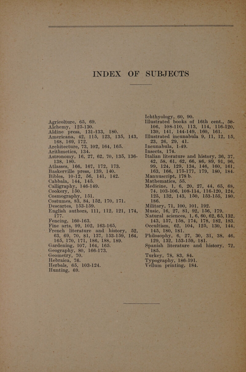 \ Agricolture, 65, 69. Alchemy, 125-130. Aldine press, 131-133, 180. Americana, 42, 115, 123, 135, 143, 168, 169, 172. Architecture, 73, 102, 164, 165. Arithmetics, 134. Astronomy, 16, 27, 62, 70, 135, 136- 138, 180. Atlases, 166,—167;-1 72-474: Baskerville press, 139, 140. Bibles, 10-12, 56, 141, 142. Cabbala, 144, 145. Calligraphy, 146-149. Cookery, 150. Cosmography, 151. Costumes, 83, 84, 152, 170, 171. Descartes, 153- 159. English authors, 111, Were Fencing, 160-163. Fine arts, 99, 102, 163-165, ‘ French literature and history, 52, 63, 69,.70, 81,. 137, 153-159, 164, 165, 170, 171, 186, 188, 189. Gardening, 107, 164, 165. Geography, 80, 166-173. Geometry, 70. Hebraica, 76. Herbals, 65, 103-124. Hunting, 69. 112, 121, 174, SUBJECTS Tuieneclooy 60, 90. Illustrated books of 16th iene. 106, 108-110, 113, 114, 116- 120, 130, 141, 144- 149, 160, 161. Illustrated ‘incunabula 9, il, 12, 15, 237 -26;5-29, 74415 Incunabula, 1-49. Insects, 174. Italian literature and history, 36, 37, 42, 58, 61, 62, 66, 86, 89, 91, 96, 99, 124, 129, 134, 146, 160, 161, 163, 166, 175- 177, 179, 180, 184. Mannuseript, 178 b. Mathematics, 55. Medicine, 1, 6, 20, 27, 44, 65, 68, 74, 103- 106, 108-114, 116- 120, 124, 125, 132, 143, 150, 153-155, 180, 186. Military, 71, 100, 101, 192. Music, 16, 27, 81, 92, 156, 179. ~ < 143, 157, 158, 174, 178, 182, 183. Occultism, 62, 104, 125, 130, 144, 145, 180, 181. E Philosophy, 65> 2737-30; 31, 38, 46, 129, 132, 153- 159, 181. Spanish literature and history, — aN 185. ; Turkey, 78, 83, 84. Typography, 186-191. Vellum printing, 184. nfs . 3 4 a. vt ae Ih ee Oi J ih Sn Lk Pra . on aS Se ee