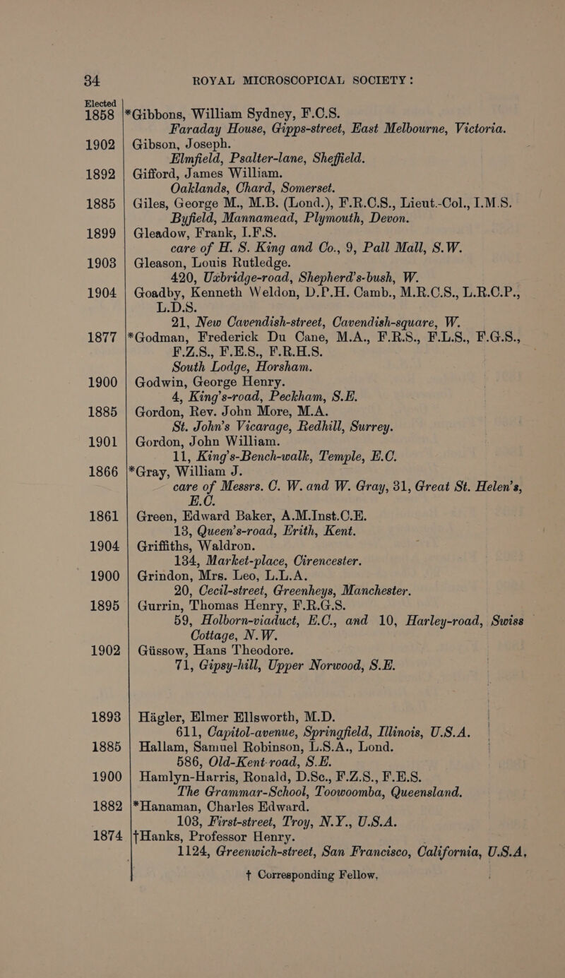 Elected 1858 1902 1892 1885 1899 1903 1904 1877 1900 1885 1901 1866 1861 1904 1900 1895 1902 1893 1885 1900 1882 *Gibbons, William Sydney, F.C.S. Faraday House, Gipps-street, Hast Melbourne, Victoria. Gibson, Joseph. Elmfield, Psalter-lane, Sheffield. Gifford, James William. Oaklands, Chard, Somerset. Giles, George M., M.B. (Lond.), F.R.C.8., Lieut.-Col., IMS. Byfield, Mannamead, Plymouth, Devon. Gleadow, Frank, I.F.S. care of H. S. King and Co., 9, Pall Mall, S.W. Gleason, Louis Rutledge. 420, Uxbridge-road, Shepherd’s-bush, W. Goadby, Kenneth Weldon, D.P.H. Camb., M.R.C.S., L.R.C.P., L.D.S. 21, New Cavendish-street, Cavendish-square, W. *Godman, Frederick Du Cane, M.A., F.R.S., F.L.S., F.G.S., F.Z.S., F.E.S., F.R.H.S. South Lodge, Horsham. Godwin, George Henry. 4, King’s-road, Peckham, S.E. Gordon, Rev. John More, M.A. St. John’s Vicarage, Redhill, Surrey. Gordon, John William. 11, King’s-Bench-walk, Temple, E.C. *Gray, William J. care o Messrs. C. W. and W. Gray, 31, Great St. Helen’s, E.C Green, Edward Baker, A.M.Inst.C.E. 13, Queen’s-road, Erith, Kent. Griffiths, Waldron. 184, Market-place, Cirencester. Grindon, Mrs. Leo, L.L.A. 20, Cecil-street, Greenheys, Manchester. Gurrin, Thomas Henry, F.R.G:.S. 59, Holborn-viaduct, E.C., and 10, Harley-road, Swiss — Cottage, N.W. Giissow, Hans Theodore. 71, Gipsy-hill, Upper Norwood, S.E. Hagler, Elmer Ellsworth, M.D. 611, Capitol-avenue, Springfield, Illinois, U.S.A. Hallam, Samuel Robinson, L.8.A., Lond. 586, Old-Kent-road, S.E. Hamlyn-Harris, Ronald, D.Sc., F.Z.S., F.E.S. The Grammar-School, Toowoomba, Queensland. *Hanaman, Charles Edward. 103, First-street, Troy, N.Y., U.S.A. 1124, Greenwich-street, San Francisco, California, U.S.A, t Corresponding Fellow,