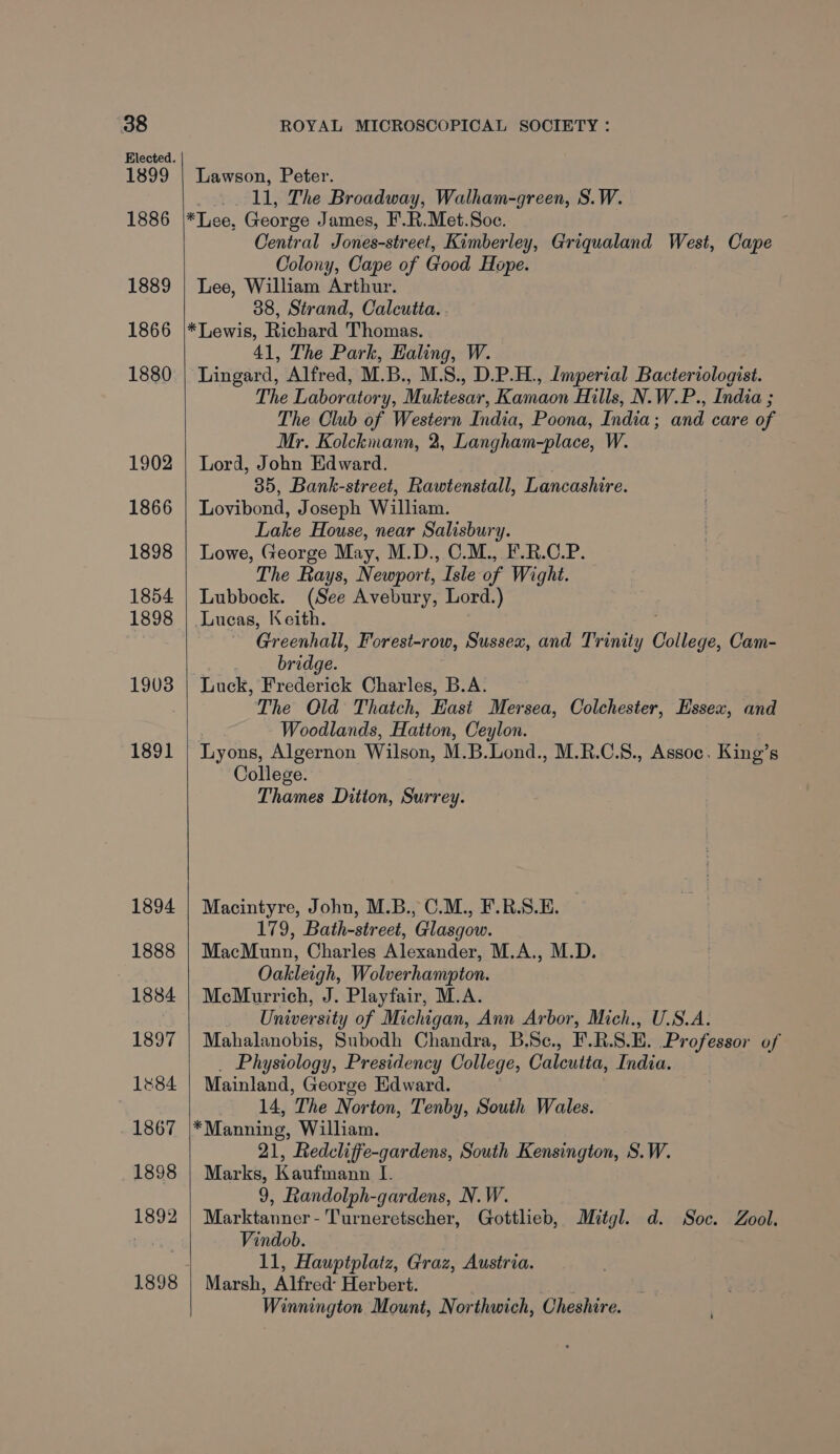1899 1886 1889 1866 1880 1902 1866 1898 1854 1898 1908 1891 1894 1888 1884 1897 1#84 1867 1898 1892 Lawson, Peter. 11, The Broadway, Walham-green, S.W. *Lee, George James, F.R.Met.Soc. ‘ Central Jones-street, Kimberley, Griqualand West, Cape Colony, Cape of Good Hope. Lee, William Arthur. 38, Strand, Calcutta. *Lewis, Richard Thomas. 41, The Park, Ealing, W. Lingard, Alfred, M.B., M.S., D.P.H., Imperial Bacteriologist. The Laboratory, Muktesar, Kamaon Hills, N.W.P., India ; The Club of Western India, Poona, India; and care of Mr. Kolckmann, 2, Langham-place, W. Lord, John Edward. 35, Bank-street, Rawtenstall, Lancashire. Lovibond, Joseph William. Lake House, near Salisbury. Lowe, George May, M.D., C.M., F.R.C.P. The Rays, Newport, Isle of Wight. Lubbock. (See Avebury, Lord.) Lucas, Keith. Greenhall, Forest-row, Sussex, and Trinity Colleg ge, Cam- bridge. Luck, Frederick Charles, B.A. The Old Thatch, East Mersea, Colchester, Essex, and Woodlands, Hatton, Ceylon. Lyons, Algernon Wilson, M.B.Lond., M.R.C.8., Assoc. King’s College. Thames Ditton, Surrey. Macintyre, John, M.B., C.M., F.R.S.E. 179, Bath-street, Glasgow. MacMunn, Charles Alexander, M.A., M.D. Oakleigh, Wolverhampton. MecMurrich, J. Playfair, M.A. University of Michigan, Ann Arbor, Mich., U.S.A. Mahalanobis, Subodh Chandra, B.Sc., F.R.S.E. Professor of _ Physiology, Presidency College, Calcutta, India. Mainland, George Edward. 14, The Norton, Tenby, South Wales. *Manning, William. 21, Redcliffe-gardens, South Kensington, S.W. Marks, Kaufmann I. 9, Randolph-gardens, N.W. Marktanner-Turneretscher, Gottlieb, Mitgl. d. Soc. Zool. Vindob. 11, Hauptplatz, Graz, Austria. Marsh, Alfred: Herbert. Winnington Mount, Northwich, Cheshire.