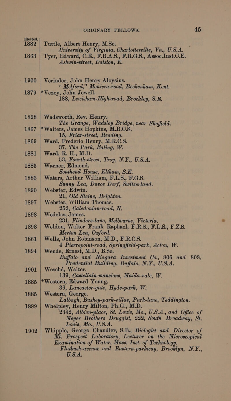 Elected. 1882 | Tuttle, Albert Henry, M.Sc. University of Virginia, Charlottesville, Va., U.S.A. 1863 | 'Tyer, Edward, C.E., F.R.A.8., F.R.G.S., Assoc.Inst.C.E. Ashwin-street, Dalston, E. 1900 | Verinder, John Henry Aloysius. “‘ Melford,’ Monivea-road, Beckenham, Kent. 1879 |*Vezey, John Jewell. 188, Lewisham-High-road, Brockley, S.E. 1898 | Wadsworth, Rev. Henry. The Grange, Wadsley Bridge, near Sheffield. 1867 |* Walters, James Hopkins, M.R.C.S. 15, Friar-street, Reading. 1869 | Ward, Frederic Henry, M.R.C.S. 37, The Park, Ealing, W. 1881 | Ward, R. H., M.D. 53, Fourth-street, Troy, N.Y., U.S.A. 1885 | Warner, Edmond. Southend House, Eltham, S.E. 1883 | Waters, Arthur William, F.L.S., F.G.S. Sunny Lea, Davos Dorf, Switzerland. 1890 | Webster, Edwin. 21, Old Steine, Brighton. 1897 | Webster, William Thomas. 252, Caledonian-road, N. 1898 | Wedeles, James. 231, Flinders-lane, Melbourne, Victoria. 1898 | Weldon, Walter Frank Raphael, F.R.S., F.L.S., F.Z.S. Merton Lea, Oaford. 1861 | Wells, John Robinson, M.D., F.R.C.S. 4 Pierrepoint-road, Springfield-park, Acton, W. 1894 | Wende, Ernest, M.D., B.Sc. Buffalo and Niagara Investment Co., 806 and 808, Prudential Building, Buffalo, N.Y., U.S.A. 1901 | Wesché, Walter. 139, Castellain-mansions, Maida-vale, W. 1885 |*Western, Edward Young. 36, Lancaster-gate, Hyde-park, W. 1885 | Western, George. Lalbagh, Bushey-park-villas, Park-lane, Teddington. 1889 | Whelpley, Henry Milton, Ph.G., M.D. 2342, Albion-place, St. Louis, Mo., U.S.A., and Office of Meyer Brothers Druggist, 222, South Broadway, St. Louis, Mo., U.S.A. 1902 | Whipple, George Chandler, 8.B., Biologist and Director of Mit. Prospect Laboratory, Lecturer on the Microscopical Examination of Water, Mass. Inst. of Technology. Se ag i a and HKastern-parkway, Brooklyn, N.Y., U.S.A.