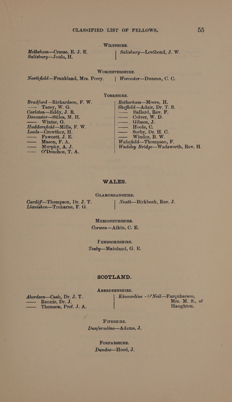 WILTSHIRE. Melksham—Creese, E. J. E. Salisbury—Lovibond, J. W. Salisbury—Jeula, H. WORCESTERSHIRE. Northfield—Frankiand, Mrs. Percy. | Worcester—Dunean, C. C. YORKSHIRE. Bradford —Richardson, F. W. Rotherham—Moore, H. —— Tacey, W. G. Sheffield—Adair, Dr. T. 8. Carleton—Eddy, J. R. —— Ballard, Rev. F. Doncaster—Stiles, M. H. —— Colver, W. D. Winter, Ge — Gibson, J. Huddersfield—Mills, F. W. — Hoole, C. Leeds—Crowther, H. Sorby, Dr. H. C. Faweett, J. E. —— Winder, B. W. — Mason, F. A. Wakefield—Thompson, F. — Murphy, A. J. Wadsley Bridge—Wadsworth, Rev. H. -—- O’Donohoe, T. A. WALES. GLAMORGANSHIRE. Cardifi—Thompson, Dr. J. T. Neath—Birkbeck, Rev. J. Llanishen—Treharne, F. G. MERIONETHSHIRE. Corwen—Aikin, C. E. F EMBROKESHIRE. Tenby—Mainland, G. E. SCOTLAND. ABERDEENSHIRE. Aberdeen—Cash, Dr. J. T. Kincardine - 0’ NeitI—Farquharson, — Rennie, Dr. J. Mrs. M. S., of —— Thomson, Prof. J. A. | Haughton. FIFESHIRE. Dunfermline—Adams, J. FORFARSHIRE. Dundee—Hood, J.