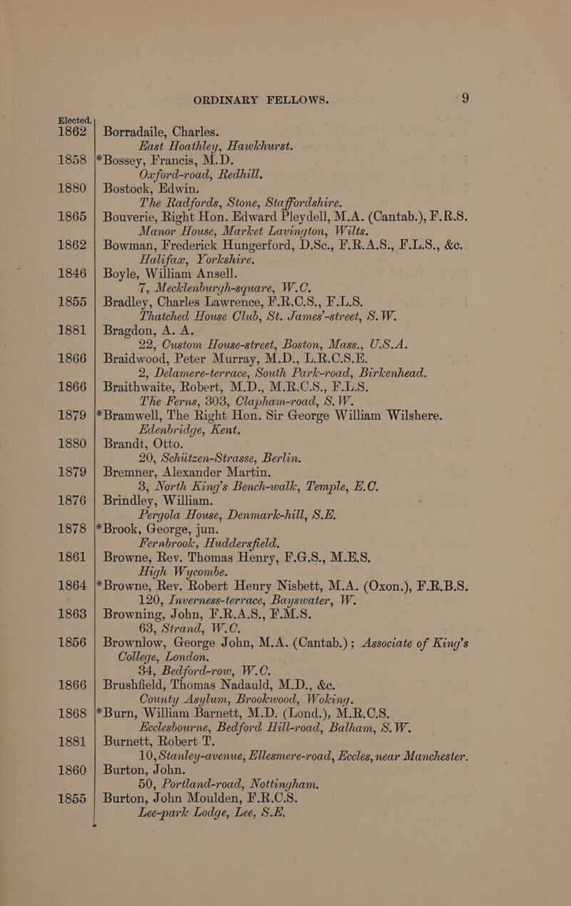1862 1858 1880 1865 1862 1846 1855 1881 1866 1866 1879 1880 1879 1876 1878 1861 1864 1863 1856 1866 1868 1881 1860 1855 ORDINARY FELLOWS. mS) Borradaile, Charles. East Hoathley, Hawkhurst. *Bossey, Francis, M.D. Oxford-road, Redhill. Bostock, Edwin. The Radfords, Stone, Staffordshire. Bouverie, Right Hon. Edward Pleydell, M.A. (Cantab.), F.R.S. Manor House, Market Lavington, Wilts. Bowman, Frederick Hungerford, D.Sc., F.R.A.S., F.L.S., &amp;e. Halifax, Yorkshire. Boyle, William Ansell. 7, Mecklenburgh-square, W.C. Bradley, Charles Lawrence, I'.R.C.S., F.L.S. Thatched House Club, St. James’-street, S.W. Bragdon, A. A. 22, Custom House-street, Boston, Mass., U.S.A. Braidwood, Peter Murray, M.D., L.R.C.S.E. 2, Delamere-terrace, South Park-road, Birkenhead. Braithwaite, Robert, M.D., M.R.C.S., F.LS. The Ferns, 303, Clapham-road, S.W. *Bramwell, The Right Hon. Sir George William Wilshere. Edenbridge, Kent. Brandt, Otto. 20, Schutzen-Strasse, Berlin. Bremner, Alexander Martin. 3, North King’s Bench-walk, Temple, E.C. Brindley, William. Pergola House, Denmark-hill, S.L. *Brook, George, jun. Fernbrook, Huddersfield. Browne, Rev. Thomas Henry, F.G.S., M.E.S, Ligh Wycombe. *Browne, Rev. Robert Henry Nisbett, M.A. (Oxon.), F.R.B.S. 120, Inverness-terrace, Bayswater, W. Browning, John, F.R.A.S., F.M.S. 63, Strand, W.C. Brownlow, George John, M.A. (Cantab.); Associate of King’s College, London. 34, Bedford-row, W.C. Brushfield, Thomas Nadauld, M.D., &amp;c. County Asylum, Brookwood, Woking. *Burn, William Barnett, M.D. (Lond.), M.R.C.S. _ Keclesbourne, Bedford Hill-road, Balham, S.W. Burnett, Robert T. 10, Stanley-avenue, Ellesmere-road, Eccles, near Manchester. Burton, John. 50, Portland-road, Nottingham. Burton, John Moulden, F.R.C.S. Lee-park Lodge, Lee, SL.