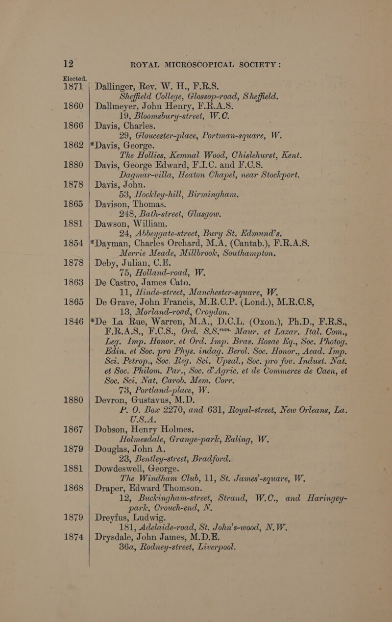1871 1860 1866 1862 1880 1878 1865 1881 1854 1878 1863 1865 1846 1880 1867 1879 1881 1868 1879 1874 Dallinger, Rev. W. H., F.R.S. Sheffield College, Glossop-road, Sheffield. Dallmeyer, John Henry, F.R.A.S. 19, Bloomsbury-street, W.C. Davis, Charles. 29, Gloucester-place, Portman-square, W. *Davis, George. The Hollies, Kemnal Wood, Chislehurst, Kent. Davis, George Edward, F.1.C. and F.C.S. Dagmar-villa, Heaton Chapel, near Stockport. Davis, John. 53, Hockley-hill, Birmingham. Davison, Thomas. 248, Bath-street, Glasgow. Dawson, William. 24, Abbeygate-street, Bury St. Edmund’s. *Dayman, Charles Orchard, M.A. (Cantab.), F.R.A.S. Merrie Meade, Millbrook, Southampton. Deby, Julian, C.E. 75, Holland-road, W. De Castro, James Cato. 11, Hinde-street, Manchester-square, W. De Grave, John Francis, M.R.C.P. (Lond.), M.R.C.S, 13, Morland-road, Croydon. *De La Rue, Warren, M.A., D.C.L. (Oxon.), Ph.D., F.B.S., =#EAR.LAAS., F.C.S., Ord. SS.“ Maur. et Lazar. Ital. Com., Leg. Imp. Honor, et Ord. Imp. Bras. Rosae Eq., Soc. Photog. Edin. et Soc. pro Phys. indag. Berol. Soc. Honor., Acad. Imp. Sci. Petrop., Soc. Reg. Sci. Upsal., Soc. pro fov. Indust. Nat. et Soc. Philom. Par., Soc. d Agric. et de Commerce de Caen, et Soc. Sci. Nat. Carob. Mem. Corr. 73, Portland-place, W. Devron, Gustavus, M.D. Pb. O. Box 2270, and 631, Royal-street, New Orleans, La. USA, Dobson, Henry Holmes. Holmesdale, Grange-park, Ealing, W. Douglas, John A. 23, Bentley-street, Bradford. Dowdeswell, George. The Windham Club, 11, St. Jumes’-square, W. Draper, Edward Thomson. 12, Buckingham-street, Strand, W.C., and Haringey- park, Crouch-end, N. Dreyfus, Ludwig. 181, Adelaide-road, St. John’s-wood, N.W. Drysdale, John James, M.D.E. 36a, Rodney-street, Liverpool.