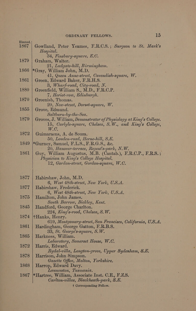 1867 1879 1866 1861 1880 1870 1855 1879 1872 1849 1861 ORDINARY FELLOWS. 15 Gowlland, Peter Yeames, F.R.C.S.; Surgeon to St. Mark’s Hospital. 34, Finsbury-square, E.C. Graham, Walter. 21, Ludgate-hill, Birmingham. *Gray, William John, M.D. 41, Queen Anne-street, Cavendish-square, W. Green, Edward Baker, F.R.H.S. 3, Wharf-road, City-road, N. Greenfield, William S., M.D., F.R.C.P. 7, Heriot-row, Edinburgh. Greenish, Thomas. 20, New-street, Dorset-square, W. Grove, Edmund. Saltburn-by-the-Sea. Groves, J. William, Demonstrator of Physiology at King’s College. 15, Carlyle-square, Chelsea, S.W., and King’s College, W.C. Guimaraens, A. de Souza. 50, Louden-road, Herne-hill, S.E. *Gurney, Samuel, F.L.S., F.R.G.S., &amp;e. 20, Hanover-terrace, Regent’s-park, N.W. Guy, William Augustus, M.B. (Cantab.), F.R.C.P., FBS. ; Physician to King’s College Hospital. 12, Gordon-street, Gordon-square, W.C. Habirshaw, John, M.D. 6, West 48th-street, New York, U.S.A. Habirshaw, Frederick. 6, West 48th-street, New York, U.S.A. Hamilton, John James. South Barrow, Bickley, Kent. Handford, George Charlton. 224, King’s-rood, Chelsea, S.W. THanks, Henry. 619, Montgomery-street, San Francisco, California, U.S.A. Hardingham, George Gatton, F.R.B.S. 33, St. George’s-square, S.W. Harkness, William. Laboratory, Somerset House, W.C. Harris, Edward. Rydal-villa, Longton-grove, Upper Sydenham, S.E. Harrison, John Simpson. Gazette Office, Malton, Yorkshire. Harrop, Edward Davy. Launceston, Tasmania. *Hartree, William, Associate Inst. C.E., F.Z.S. Carlton-villas, Blackheath-park, S.E. f+ Corresponding Fellow.