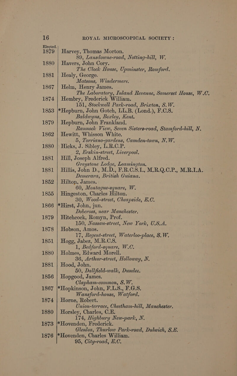1879 1880 1881 1867 1874 1853 1879 1862 1880 18381 1881 1852 1855 1866 1879 1878 1851 1880 1881 1856 1867 1874 1880 Harvey, Thomas Morton. 89, Lansdowne-road, Notting-hill, W. Havers, John Cory. The Clock House, Upminster, Romford. Healy, George. Matsons, Windermere. Helm, Henry James. The Laboratory, Inland Revenue, Somerset House, W.C. Hembry, Frederick William. 151, Stockwell Park-road, Brixton, S.W. *Hepburn, John Gotch, LL.B. (Lond.), F.C.S. Baldwyns, Bealey, Kent. Hepburn, John Frankland. Rannock View, Seven Sisters-road, Stamford-hill, N. Hewitt, Whisson White. 5, Torriano-gardens, Camden-town, N.W. Hicks, J. Sibley, L.R.C.P. 2, Erskin-street, Liverpool. Hill, Joseph Alfred. Greystone Lodge, Leamington. Hillis, John D., M.D., F.R.C.S.1., M.R.Q.C.P., M.R.LA. Demerara, British Guiana. Hilton, James. 60, Montague-square, W. Hingeston, Charles Hilton. 30, Wood-street, Cheapside, E.C. *Hirst, John, jun. Dobcross, near Manchester. Hitchcock, Romyn, Prof. 150, Nassau-street, New York, U.S.A. Hobson, Amos. 17, Regent-street, Waterloo-place, S.W. Hogg, Jabez, M.R.C.S. 1, Bedford-square, W.C. Holmes, Edward Morell. 36, Arthur-street, Holloway, N. Hood, John. 50, Dallfield-walk, Dundee. Hopgood, James. Clapham-common, S.W. *Hopkinson, John, F.L.S., F.GS. Wansford-house, Watford. Horne, Robert. . Onion-terrace, Cheetham-hill, Manchester. Horsley, Charles, C.E. 174, Highbury New-park, N. 1876 Glenlea, Thurlow Park-road, Dulwich, S.E. *Hovenden, Charles William. 95, City-road, E.C.