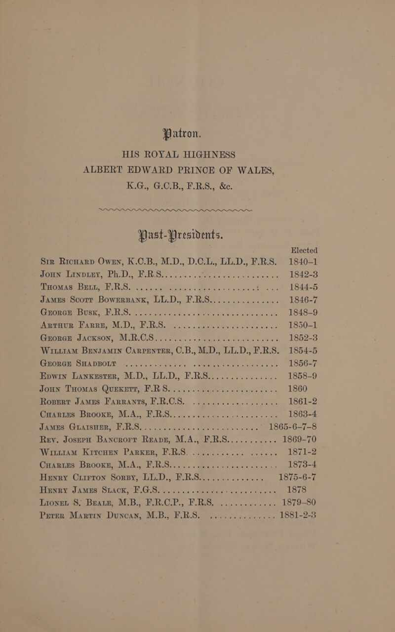 Patron. HIS ROYAL HIGHNESS ALBERT EDWARD PRINCE OF WALES, K.G., G.C.B., F.R.S., &amp;c. Past-Presidents. . Elected Str Richard Owen, K.C.B., M.D., D.C.L., LL.D., F.R.S. 1840-1 woun auispuey, PhD. FURS... . .. Ee Rees 1842-3 UG OS SOS a Sa ee oa nr 2 2 20 1844-5 JamEs Scorr Bownrpank, LL.D., F.R.S............... 1846-7 Peerree EOS BUS, coe aul a os xs ede sh yk gly ele Ws 1848-9 repre rere MD oR Scot... . gee meek o Sos oe 1850-1 Perna OAUKRGON NMIeRGUD a. nals Me Skee e eed es 1852-3 Witi1am BrensamMin Carpenter, C.B.,M.D., LL.D., F.R.S. 1854-5 Pee ere ed OROTT SN cee aes + Me rs ee LN 1856-7 (pow DawKxreres, MOD. DUD, F.BS sos. 6 cen cs 1858-9 done .omie) Gummer: Ped vc. 3 . aah eh Reyes Ds 1860 hopusr James Farnants, FR.CS.. . ook. eee lunes 1861-2 reper ROOR HNL A, a5: ve es Ree ve ele ei 1863-4 emeR AV ATSU UR, E dlutss 3) fc. mae s,.« leo ead ss hee: 1865-6-7-8 Rey. JosepH Bancrorr Reap, M.A., F.R.S........... 1869-70 Pata KIiwHEN PAmiER, HORS: Gaol. a ak See 1871-2 Pieter DROOK MLA) BOBS. Mes ce mae eal ee 1873-4 Henry Crrmron Sorpy, LL.D., F.B.Sc............5 1875-6-7 PMO e AS LACK, ORE eo. eee ka era's ek Speers 1878 hones. berate Be WR CP., FB ik ee. a. 1879-80 Peres Marty Duncin, McB., FURS 2 Giscd oe cies vt 1881-2-3