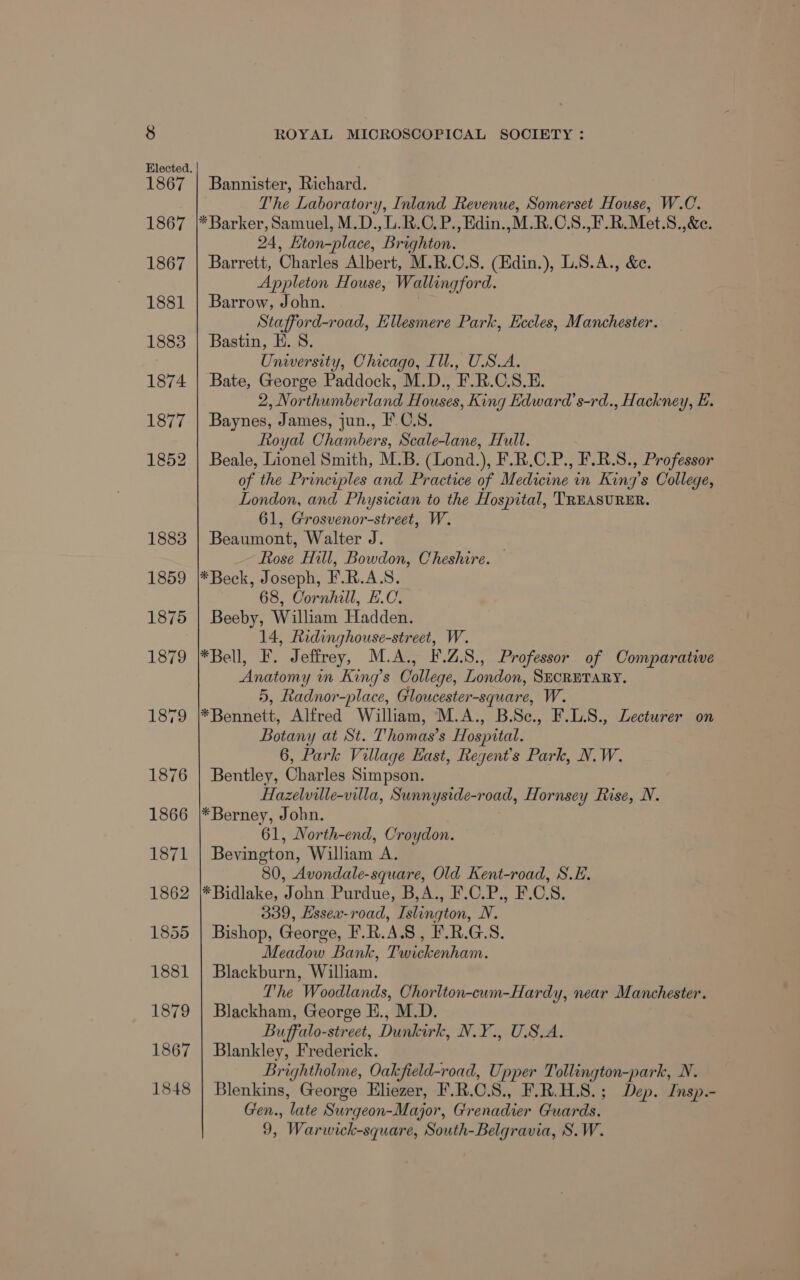 1867 1867 1867 1881 1883 1874 1877 1852 Bannister, Richard. The Laboratory, Inland Revenue, Somerset House, W.C. * Barker, Samuel, M.D.,L.R.C. P., Edin.,M.R.C.S.,F.R.Met.S.,&amp;c. 24, Eton-place, Brighton. Barrett, Charles Albert, M.R.C.S. (Edin.), L.8.A., &amp;e. Appleton House, Wallingford. Barrow, John. Stafford-road, Ellesmere Park, Eccles, Manchester. Bastin, E. S. University, Chicago, [ll., U.S.A. Bate, George Paddock, M.D., F.R.C.S.E. 2, Northumberland Houses, King Edward’ s-rd., Hackney, E. Baynes, James, jun., I. C.S. Royal Chambers, Scale-lane, Hull. Beale, Lionel Smith, M.B. (Lond.), F.R.C.P., F.R.S., Professor of the Principles and Practice of Medicine in King’s College, London, and Physician to the Hospital, TREASURER. 61, Grosvenor-street, W. Beaumont, Walter J. Rose Hill, Bowdon, Cheshire. *Beck, Joseph, F.R.A.S. 68, Cornhill, E.C. Beeby, William Hadden. 14, Ridinghouse-street, W. *Bell, I’. Jeffrey, M.A., F.Z.S., Professor of Comparative Anatomy in King’s College, London, SECRETARY. 5, Radnor-place, Gloucester-square, W. *Bennett, Alfred William, M.A., B.Sc, F.L.S., Lecturer on Botany at St. Thomas’s Hospital. 6, Park Village East, Regent's Park, N.W. Bentley, Charles Simpson. Hazelville-villa, Sunnyside-road, Hornsey Rise, N. *Berney, John. 61, North-end, Croydon. Bevington, William A. 80, Avondale-square, Old Kent-road, S.E. *Bidlake, John Purdue, B,A., F.C.P., F.C.S. 339, Hssex-road, Islington, NV. Bishop, George, F.R.A.S, F.R.G.S. Meadow Bank, Twickenham. Blackburn, William. The Woodlands, Chorlton-cum-Hardy, near Manchester. Blackham, George E., M.D. Buffalo-street, Dunkirk, N.Y., USA. Blankley, Frederick. Brightholme, Oakfield-road, Upper Tollington-park, N. Blenkins, George Eliezer, F.R.C.S., F.R.H.S.; Dep. Insp.- Gen., late Surgeon-Major, Grenadier Guards. 9, Warwick-square, South-Belgravia, S.W.