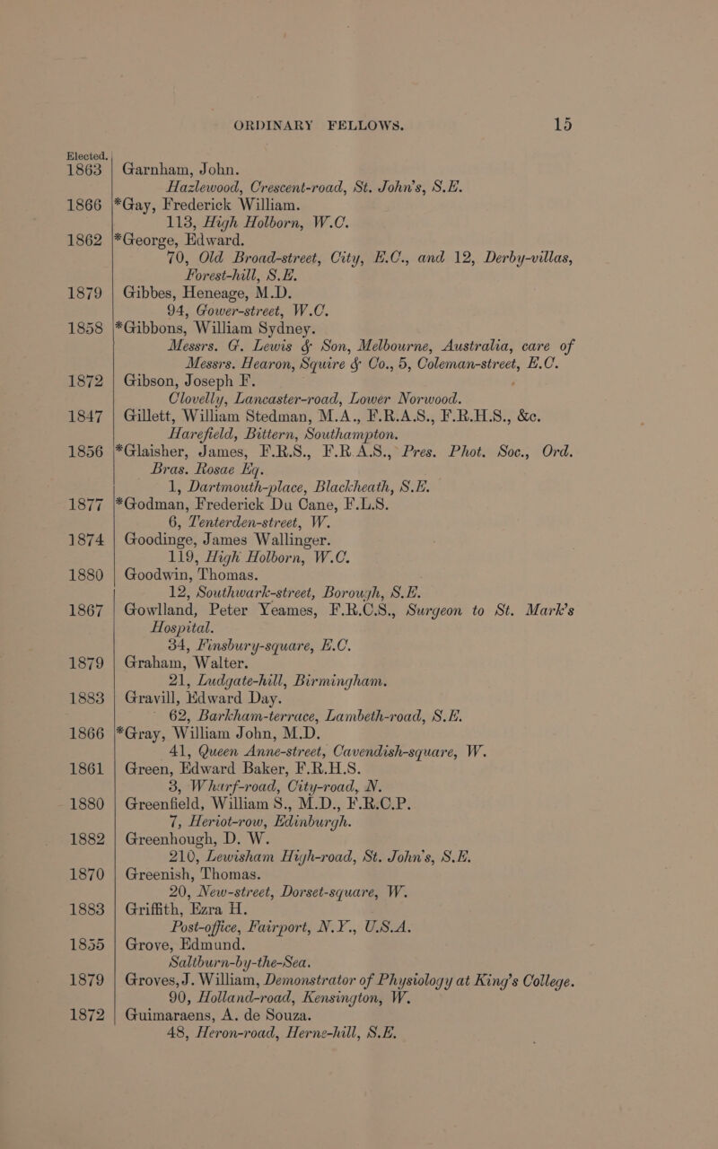 1863 1866 1862 1879 1858 1872 1847 1856 1877 1874 1880 1867 1879 1883 1866 1861 1880 1882 1870 1883 1855 1879 1872 ORDINARY FELLOWS. 15 Garnham, John. Hazlewood, Crescent-road, St. John’s, S.E. *Gay, Frederick William. 113, High Holborn, W.C. *George, Edward. 70, Old Broad-street, City, E.C., and 12, Derby-villas, Horest-hill, SH. Gibbes, Heneage, M.D. 94, Gower-street, W.C. *Gibbons, William Sydney. Messrs. G. Lewis &amp; Son, Melbourne, Australia, care of Messrs. Hearon, Squire in Co., 5, Calotsin-strect, E.C. Gibson, Joseph F. Clovelly, Lancaster-road, Lower Norwood. Gillett, William Stedman, M.A., F.R.A.S., F.R.H.S., &amp;c. Harefield, Bittern, Southampton. *Glaisher, James, F.R.S., F.R.A.S.,° Pres. Phot. Soc., Ord. ioe. Rosae Eq. 1, Dartmouth-place, Blackheath, S.E. *Godman, Frederick Du Cane, F.L.S. 6, Tenterden-street, W. Goodinge, James Wallinger. 119, High Holborn, W.C. Goodwin, Thomas. 12, Southwark-street, Borough, S. E. Gowlland, Peter Yeames, F.R.C.S., Surgeon to St. Mark’s Hospital. 34, Finsbury-square, E.C. Graham, Walter. 21, Ludgate-hill, Birmingham. Gravill, Edward Day. 62, Barkham-terrace, Lambeth-road, S.E. *Gray, William John, M.D. 41, Queen Anne-street, Cavendish-square, W. Green, Edward Baker, F.R.H.S. 3, Wharf-road, City-road, N. Greenfield, William S., M.D., F.R.C.P. 7, Heriot-row, Kdinburgh. Greenhough, D. W. 210, Lewisham High-road, St. John’s, S.E. Greenish, Thomas. 20, New-street, Dorset-square, W. Griffith, Exra H. Post-office, Fairport, N.Y., U. S.A. Grove, Edmund. Saltburn-by-the-Sea. Groves, J. William, Demonstrator of Physiology at King’s College. 90, Holandrodd: Kensington, W. Guimaraens, A. de Souza. 48, Heron-road, Herne-hill, S.E.