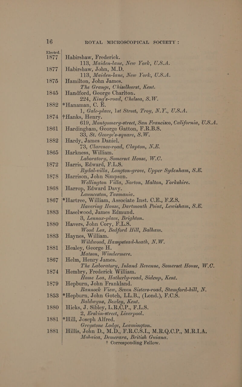 1877 1877 1875 1845 1882 1874 1861 1882 1865 1872 1878 1868 1867 1883 1880 1883 1881 1867 1874 1879 1853 1880 1881 1881 Habirshaw, Frederick. 113, Maiden-lane, New York, U.S.A. Habirshaw, John, M.D. 118, Maiden-lane, New York, U.S.A. Hamilton, John James. The Grange, Chiselhurst, Kent. Handford, George Charlton. 224, King’s-road, Chelsea, S.W. *Hanaman, C. E. 1, Gale-place, 1st Street, Troy, N.Y., U.S.A. tHanks, Henry. 619, Montgomery-street, San Francisco, California, U.S.A. Hardingham, George Gatton, F.R.B.S. 33, St. George’s-square, S.W. Hardy, James Daniel. 73, Clarence-road, Clapton, N.E. Harkness, William. Laboratory, Somerset House, W.C. Harris, Edward, F.L.S. Rydal-villa, Longton-grove, Upper Sydenham, S.H. Harrison, John Simpson. Welling gton Villa, Norton, Malton, Yorkshire. Harrop, Edward Davy. Launceston, Tasmania. *Hartree, William, Associate Inst. C.E., F.Z.8. Havering House, Dartmouth Point, Lewisham, S.E. Haselwood, James Edmund. 3, Lennox-place, Brighton. Havers, John Cory, F.L.S. Wood Lea, Bedford Hill, Balham. Haynes, William. Wildwood, Hampstead-heath, N.W. Healey, George H. Matson, Windermere. Helm, Henry James. The Laboratory, Inland Revenue, Somerset House, W.C. Hembry, Frederick William. Home Lea, Hatherly-road, Sidcup, Kent. Hepburn, John Frankland. Rannock View, Seven Sisters-road, Stamford-hill, N. *Hepburn, John Gotch, LL.B., (Lond.), F.C.S. Baldwyns, Becley, Kent. Hicks, J. Sibley, L.R.O.P., FLAS. 2, Erskin-street, ae ‘pool. *Hill, J oseph Alfred. Greystone Lodge, Leamington. Hillis, John D., M.D., F.R.C.S.L, M.R.Q.C.P., M.R.1A. Mohaica, Demenee British Guiana. t Corresponding Fellow.